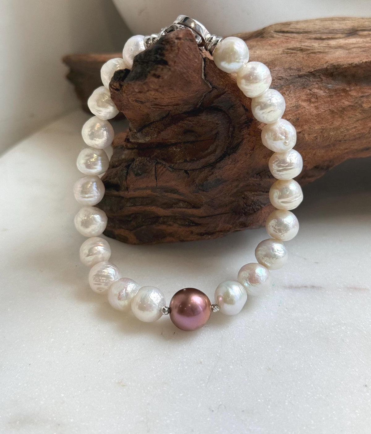 Elly’s 22pcs Bracelet White antique gold Pearls: Extreme luster mirrored, 8.2-10.2mm, S925 silver Bracelet.