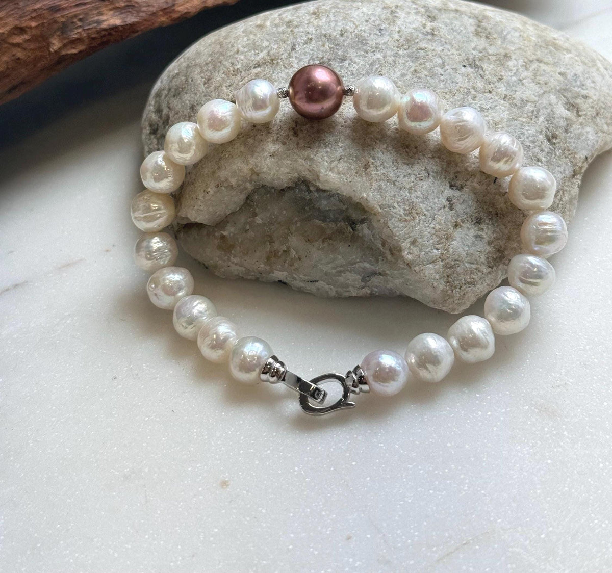 Elly’s 22pcs Bracelet White antique gold Pearls: Extreme luster mirrored, 8.2-10.2mm, S925 silver Bracelet.