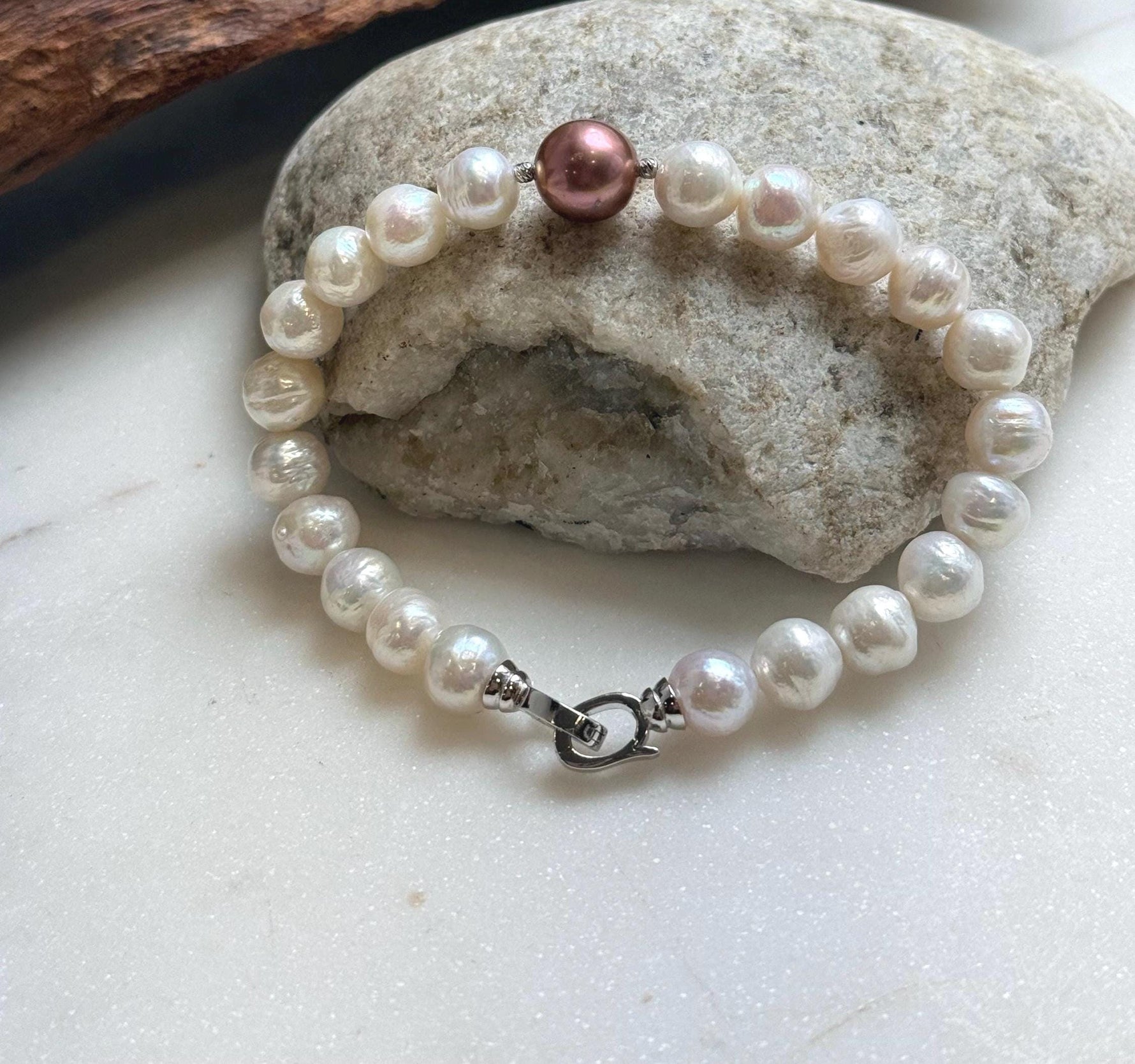 Elly’s 22pcs Bracelet White antique gold Pearls: Extreme luster mirrored, 8.2-10.2mm, S925 silver Bracelet.