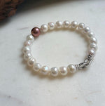 Elly’s 22pcs Bracelet White antique gold Pearls: Extreme luster mirrored, 8.2-10.2mm, S925 silver Bracelet.