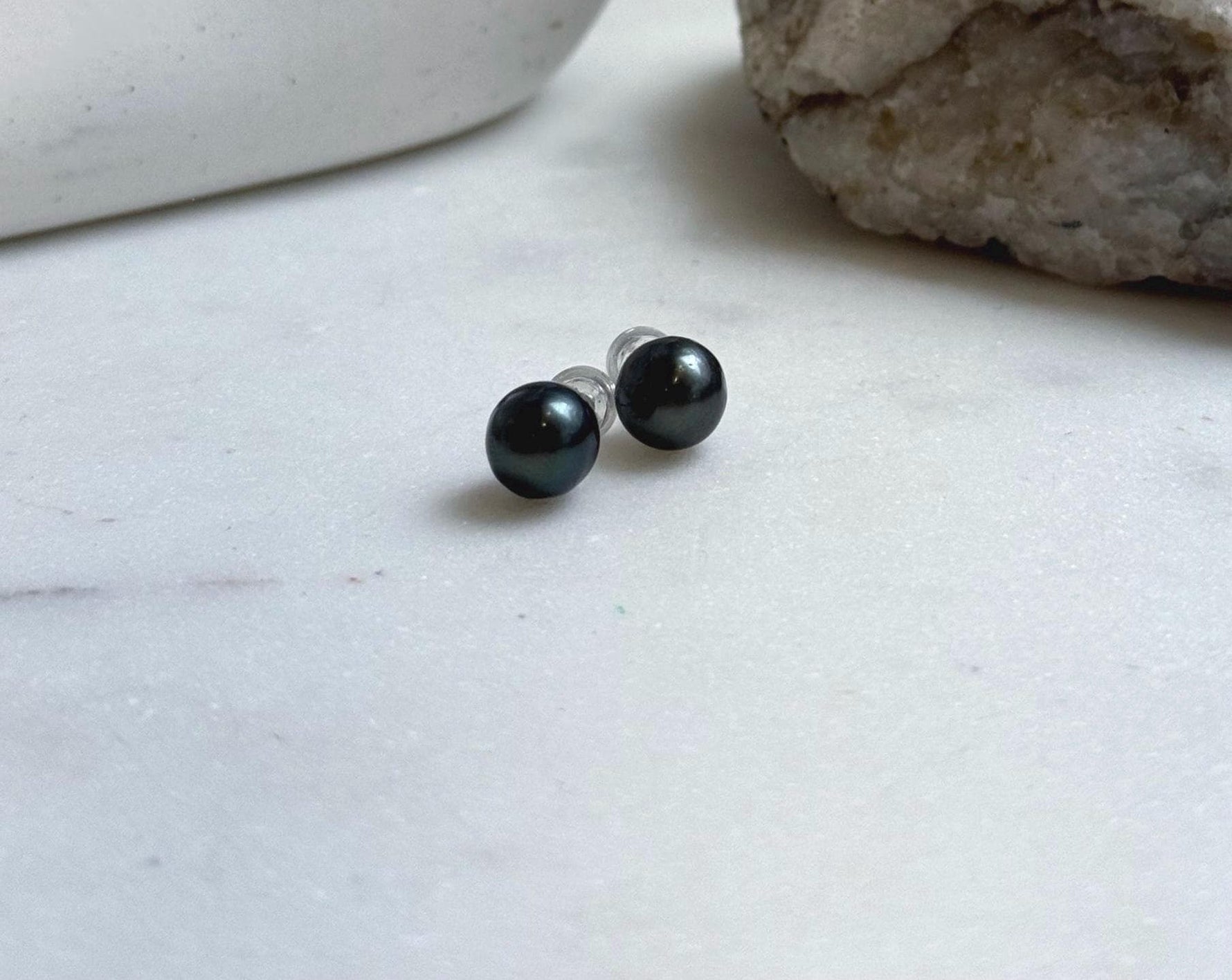 Elly’s 8.2mm Tahitian Hunter ocean Pearls Earrings Studs: Extreme luster Mirrored,S925 silver minimalist earrings.