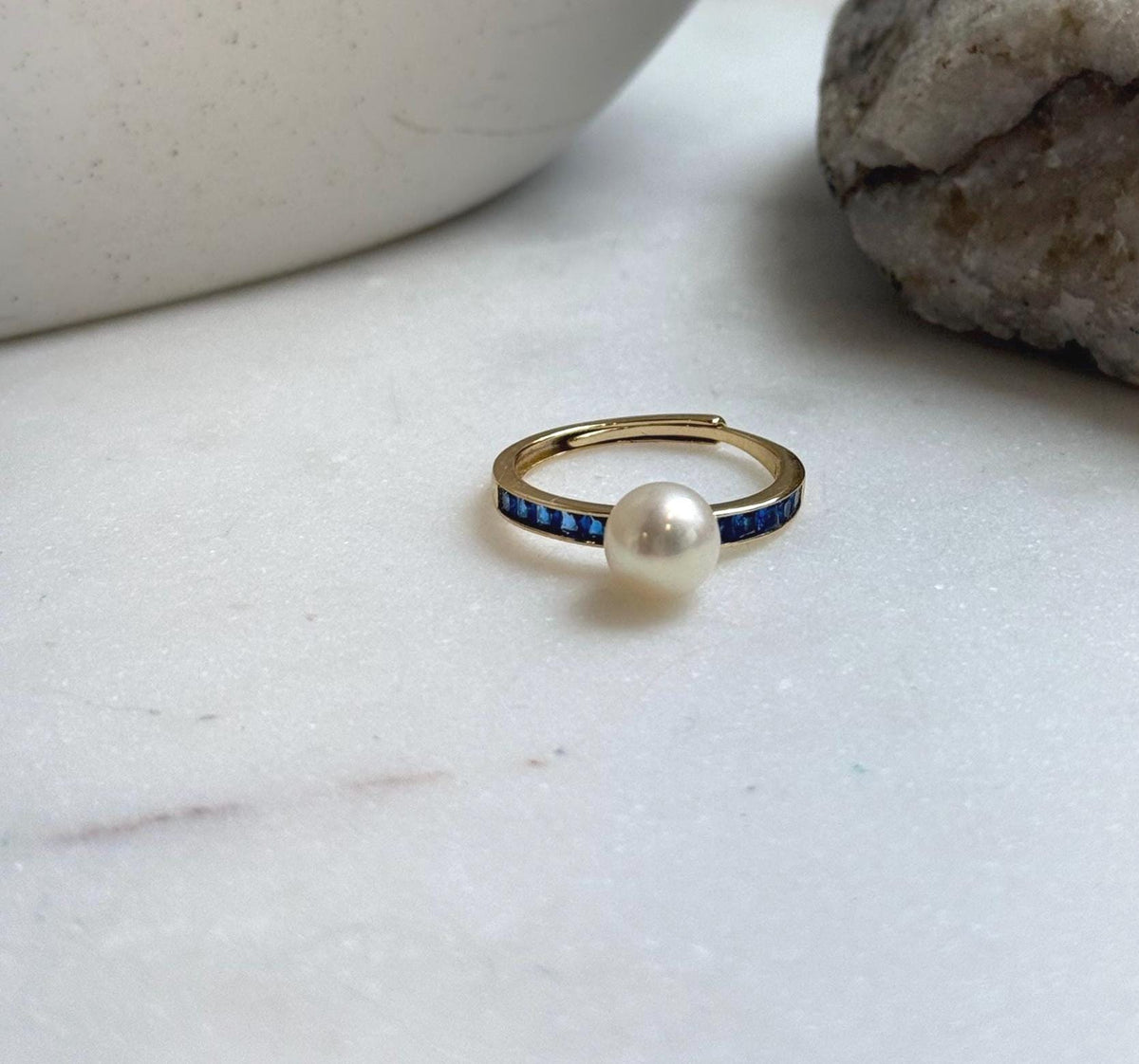 Elly’s 7.4mm Akoya ivory ocean pearl ring: Extreme luster mirrored, S925 silver adjustable ring. Pearl Jewelry Idea.