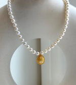 Elly’s Set 17.3” South sea carved golden ocean Freshwater white pearls necklace: 10.1mm Extreme luster, s925 silver necklace. high quality golden ocean pearl necklace strand for her daily office wear