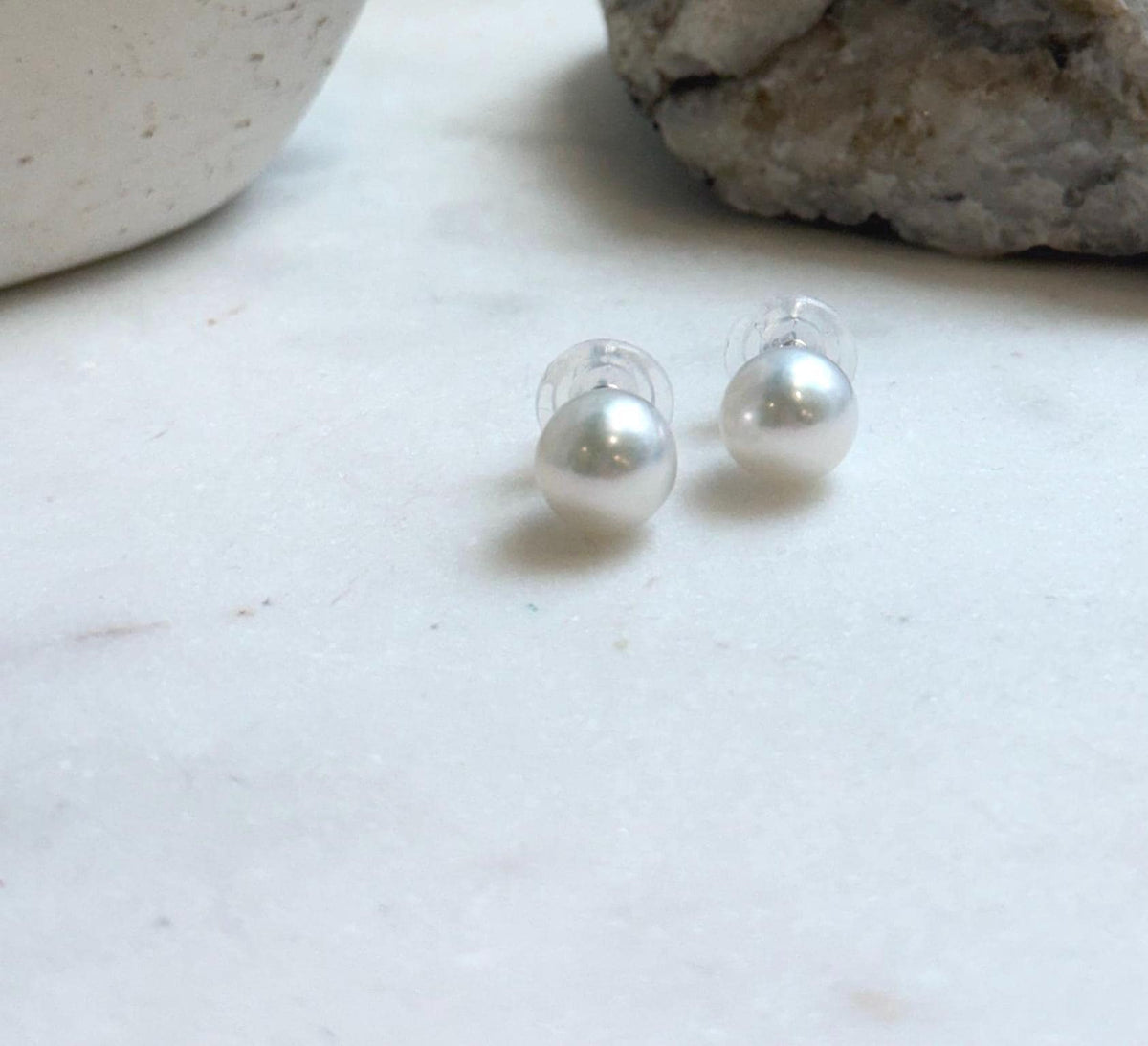 Elly’s 9.7mm White Edison Pearls Earrings Studs: Extreme luster Mirrored, S925 silver minimalist earrings studs.
