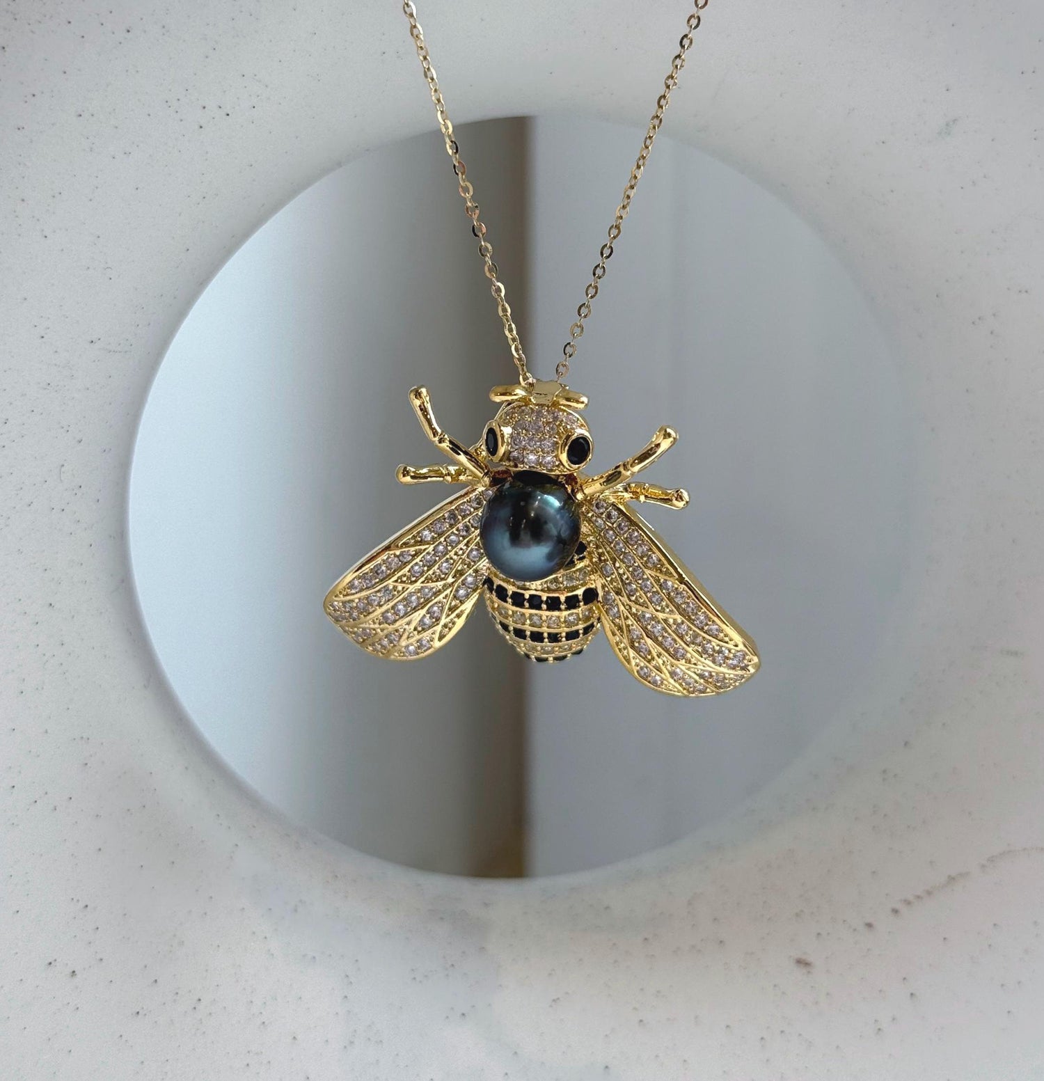 Elly’s Tahitian teal purple Ocean Pearl Bee Brooch pendant 2in1: Extreme luster mirrored, 8.5mm, 4x3cm, No chain. daily office black bee brooch for her