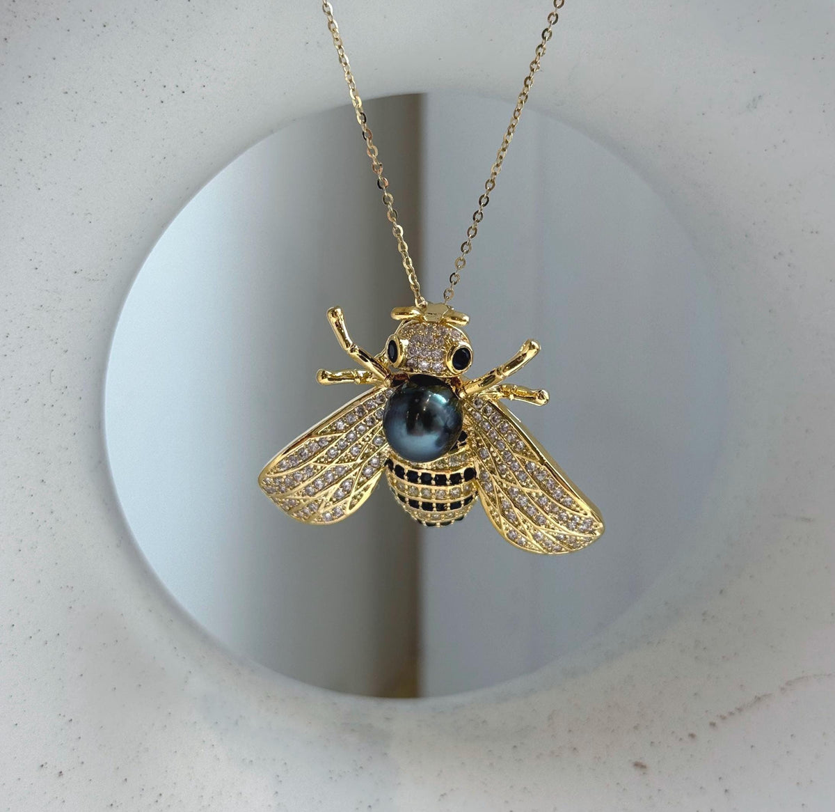Elly’s Tahitian teal purple Ocean Pearl Bee Brooch pendant 2in1: Extreme luster mirrored, 8.5mm, 4x3cm, No chain. daily office black bee brooch for her