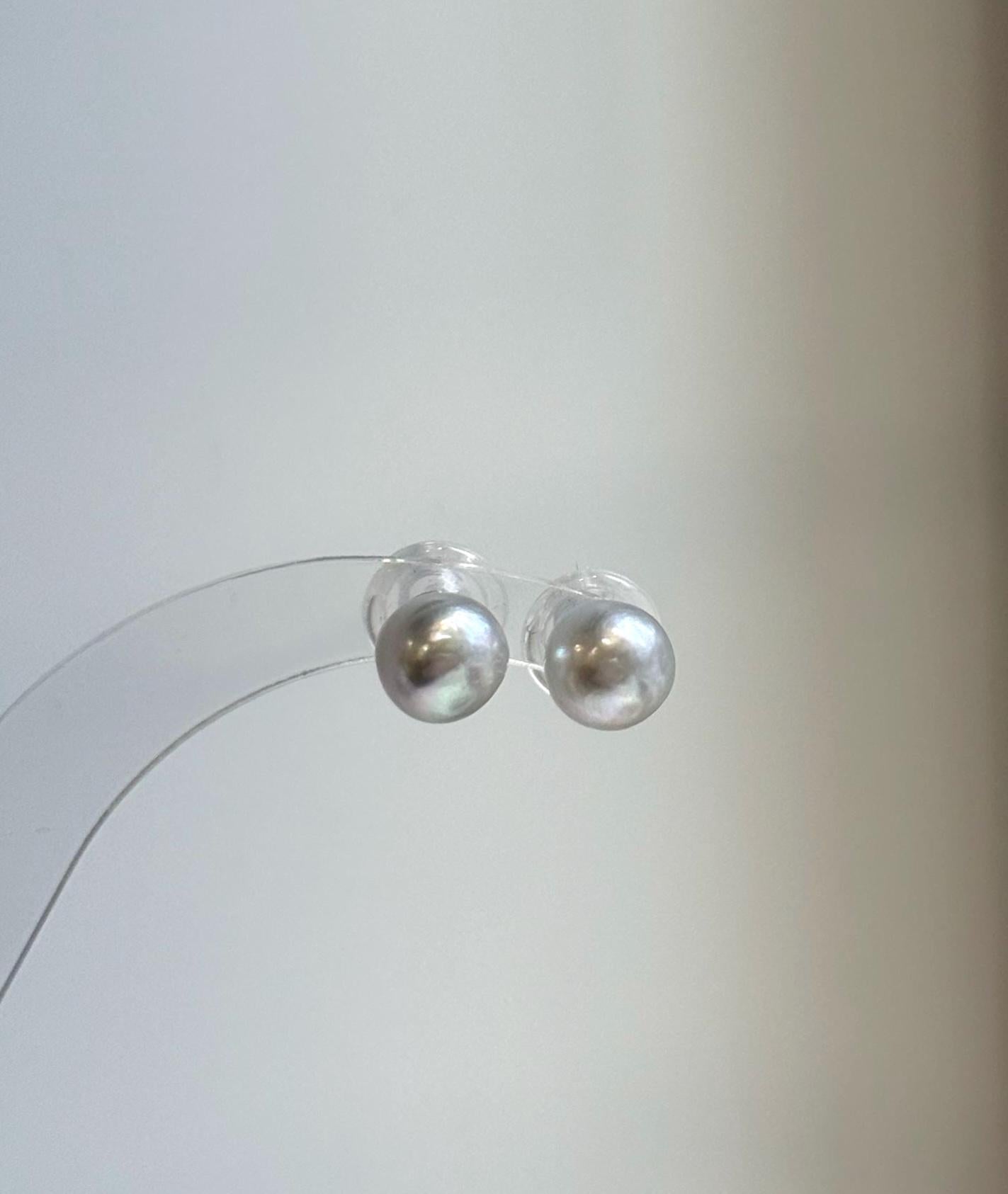 Elly’s 8.5mm Akoya blue silver ocean Pearls Earrings Studs: Extreme luster Mirrored, S925 silver minimalist earring.