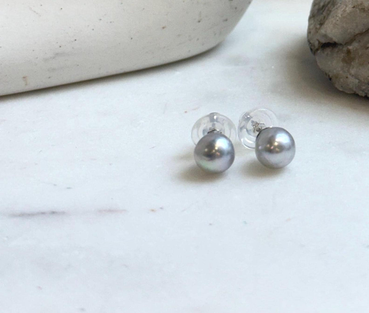 Elly’s 8.5mm Akoya blue silver ocean Pearls Earrings Studs: Extreme luster Mirrored, S925 silver minimalist earring.
