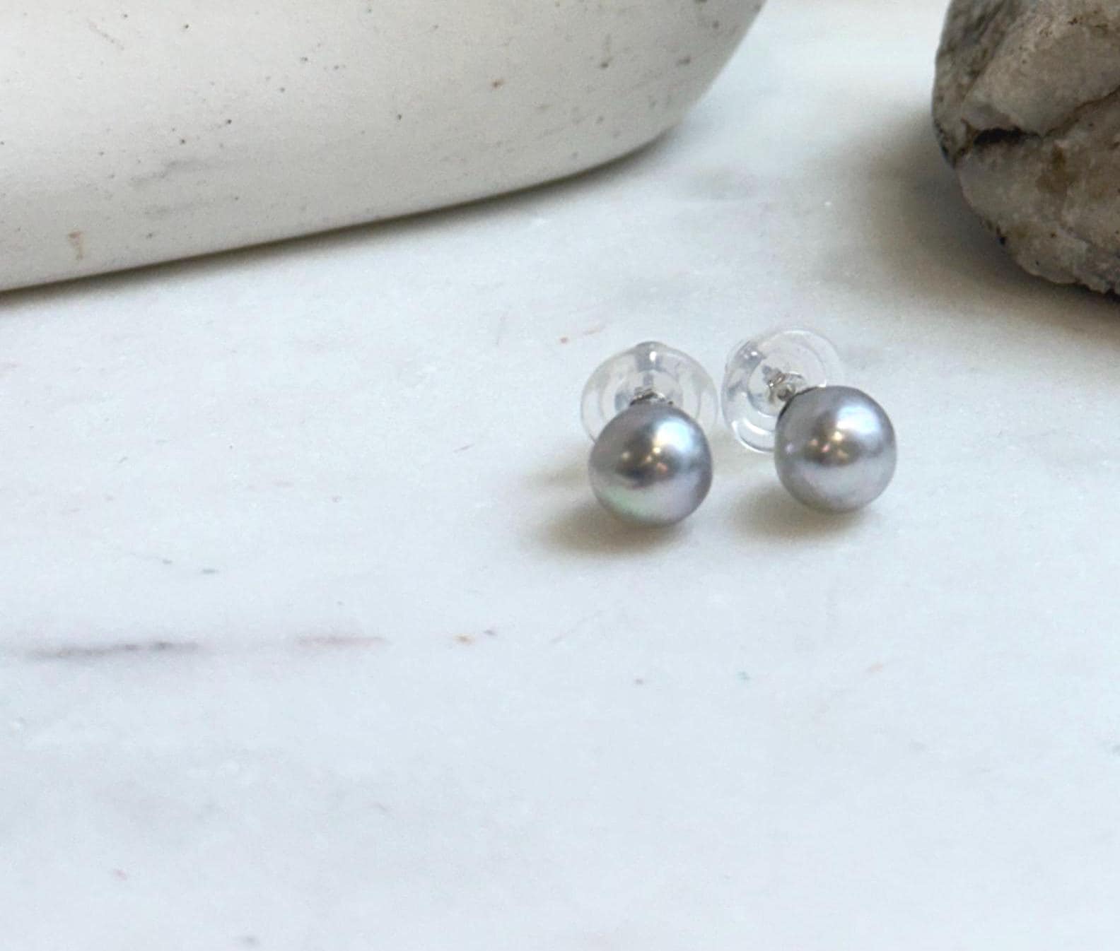 Elly’s 8.5mm Akoya blue silver ocean Pearls Earrings Studs: Extreme luster Mirrored, S925 silver minimalist earring.