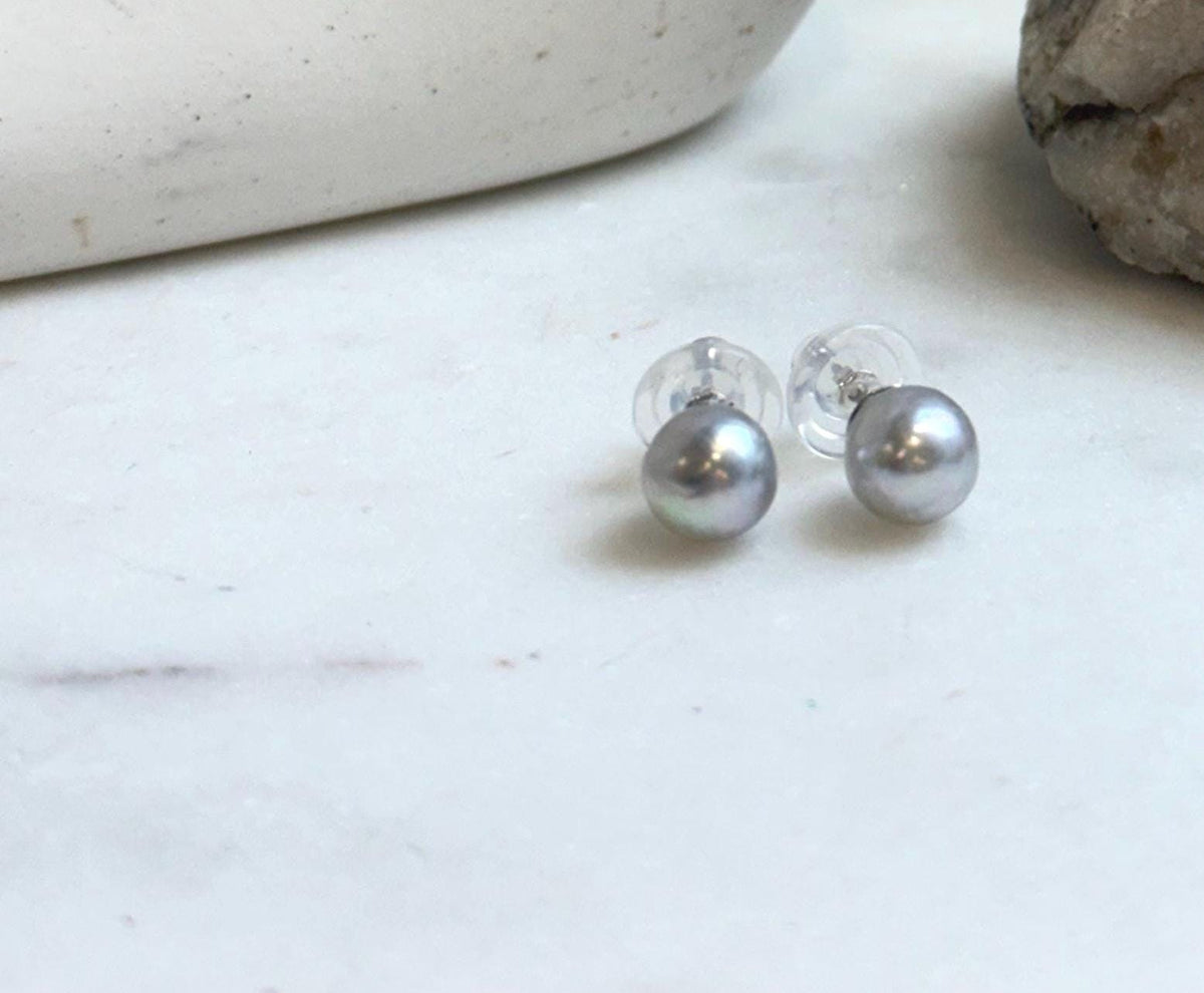 Elly’s 8.5mm Akoya blue silver ocean Pearls Earrings Studs: Extreme luster Mirrored, S925 silver minimalist earring.