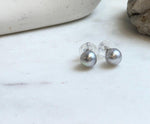 Elly’s 8.5mm Akoya blue silver ocean Pearls Earrings Studs: Extreme luster Mirrored, S925 silver minimalist earring.