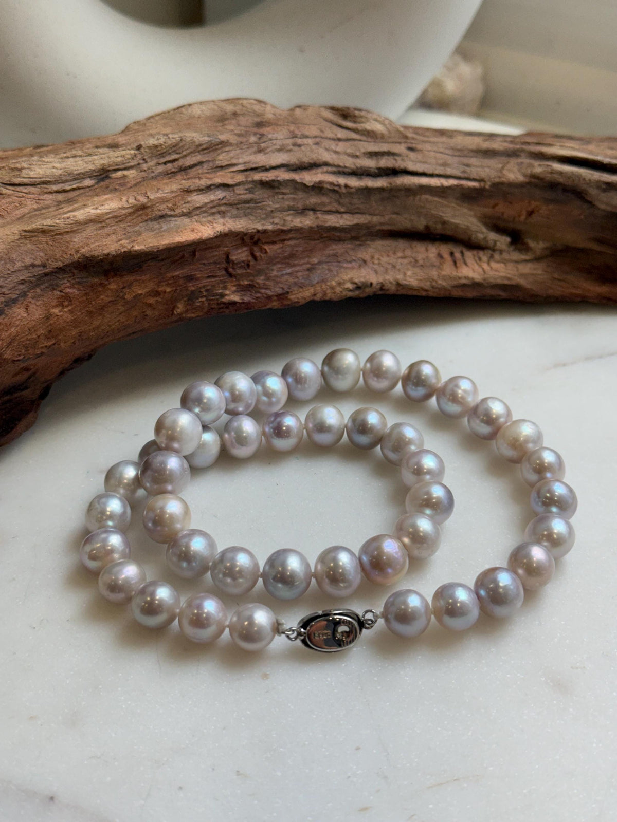 Elly’s Morandi Pink lilac grey round  oval Pearls Necklace Strand: Extreme luster mirrored, 9.1-10.6mm, 17.6”, S925 silver necklace. Pearl necklace strand for her