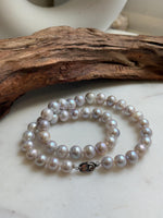 Elly’s Morandi Pink lilac grey round  oval Pearls Necklace Strand: Extreme luster mirrored, 9.1-10.6mm, 17.6”, S925 silver necklace. Pearl necklace strand for her