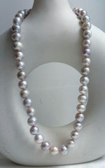 Elly’s Morandi Pink lilac grey round  oval Pearls Necklace Strand: Extreme luster mirrored, 9.1-10.6mm, 17.6”, S925 silver necklace. Pearl necklace strand for her birthday