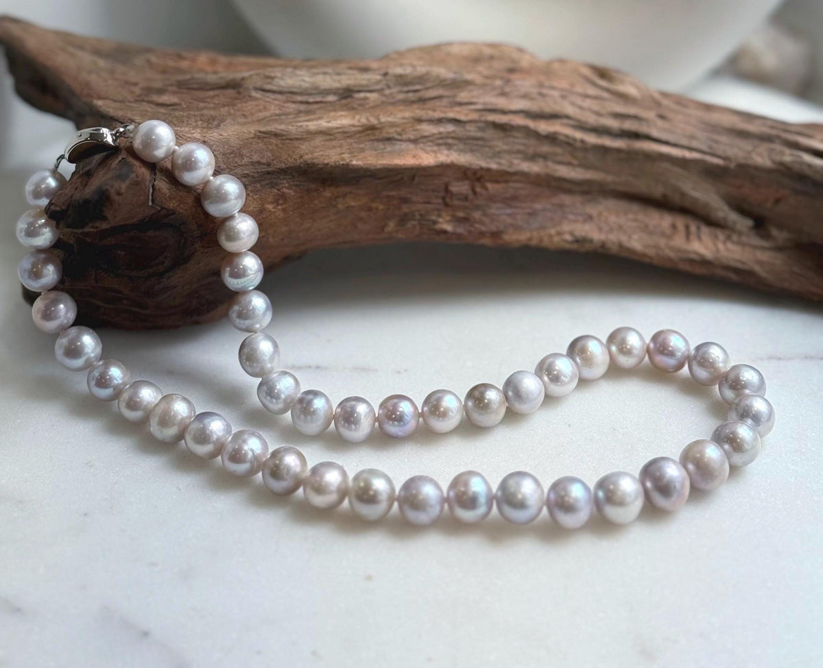 Elly’s Morandi Pink lilac grey round  oval Pearls Necklace Strand: Extreme luster mirrored, 9.1-10.6mm, 17.6”, S925 silver necklace. Pearl necklace strand for her daily office wear