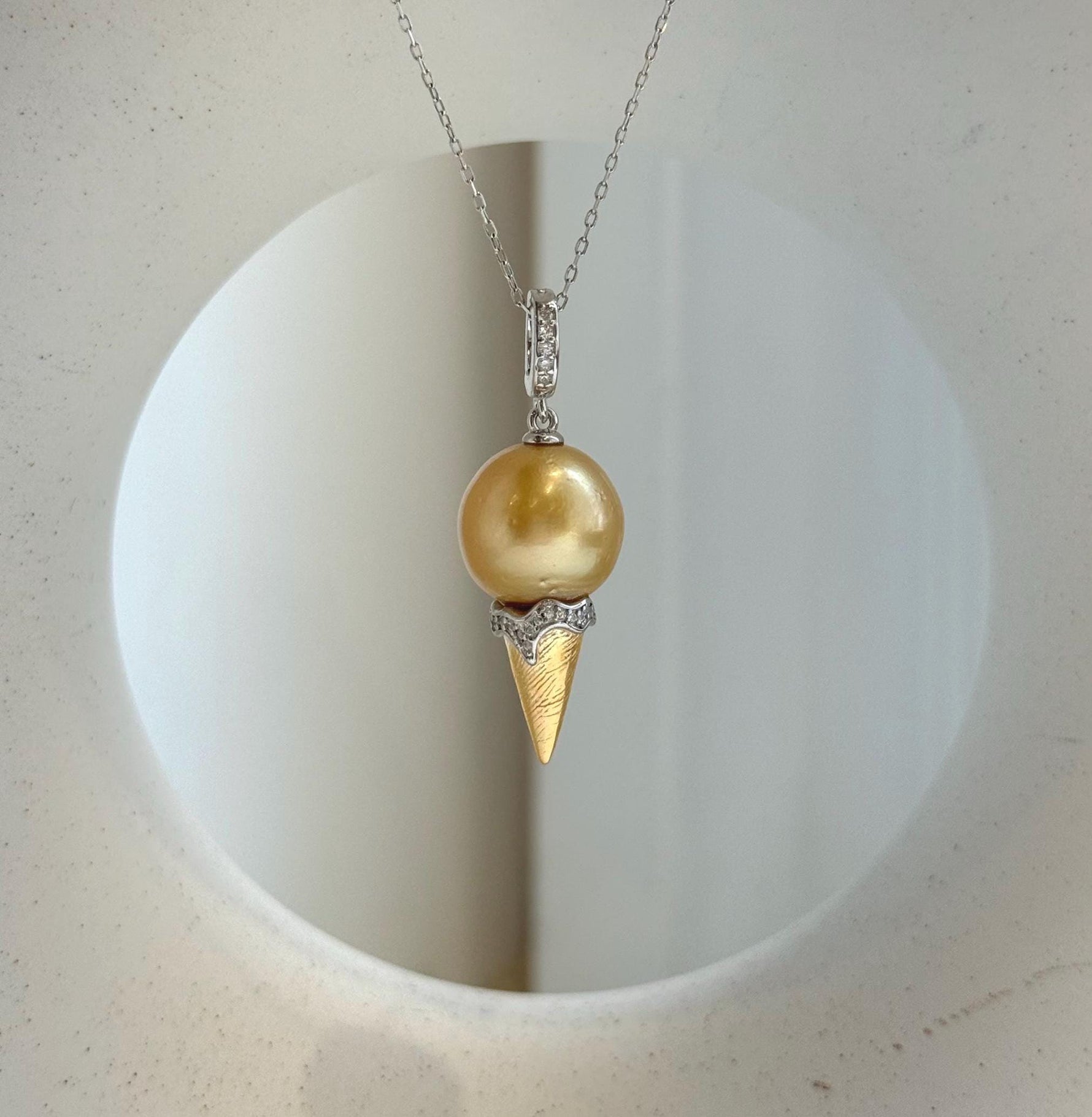 Elly’s 13.3mm Genius South sea deep gold ocean pearl Pendant: Extreme luster, 3.7cm high, s925 silver 18k gold plated pendant. daily office golden pearl pendant for her birthday