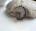 Elly’s Tahitian black platinum Ocean Pearl Horse Brooch pendant 2in1: Extreme luster mirrored, 9.4mm, 3x4cm,black pearl gift for her anniversary
