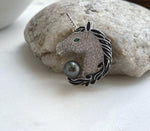 Elly’s Tahitian black platinum Ocean Pearl Horse Brooch pendant 2in1: Extreme luster mirrored, 9.4mm, 3x4cm,black pearl gift for her