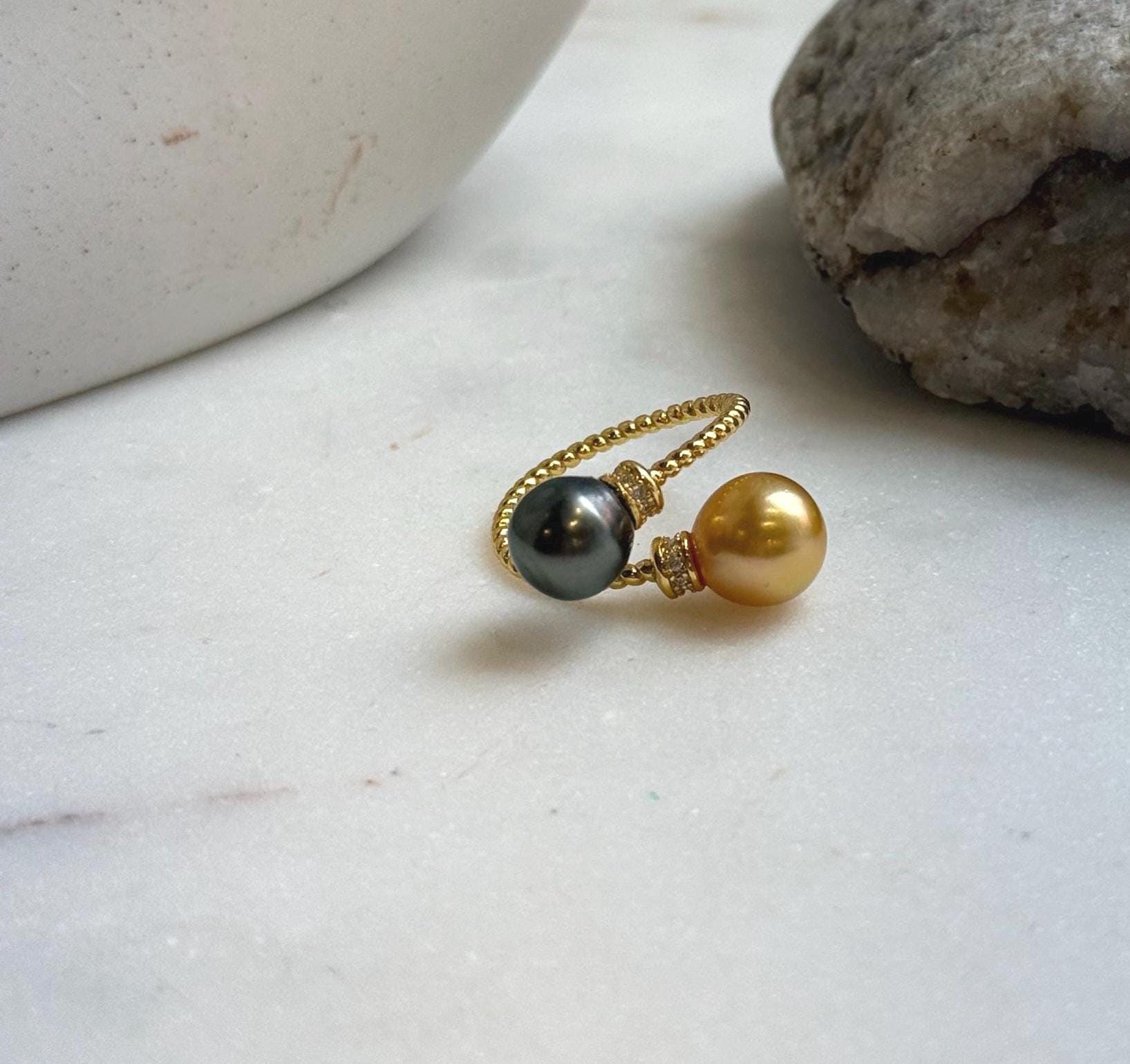 Elly’s Double South sea golden Tahitian ocean pearls Ring: Extreme luster mirrored, 8.6-9.5mm , S925 silver adjustable minimalist Ring. high quality double ocean pearls sterling silver adjustable ring for her birthday