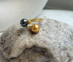 Elly’s Double South sea golden Tahitian ocean pearls Ring: Extreme luster mirrored, 8.6-9.5mm , S925 silver adjustable minimalist Ring. high quality double ocean pearls sterling silver adjustable ring for her holiday