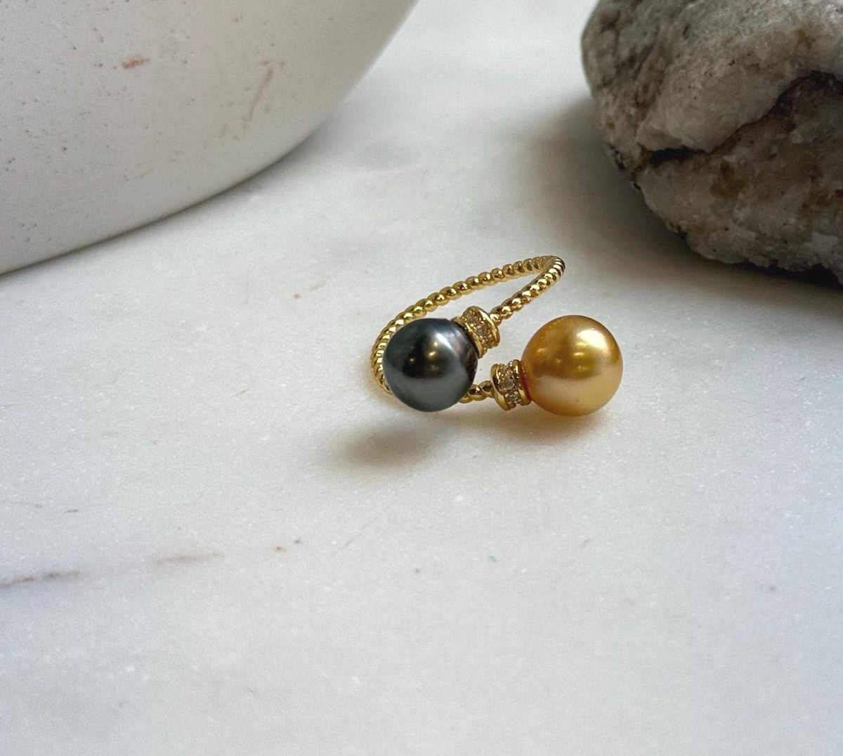Elly’s Double South sea golden Tahitian ocean pearls Ring: Extreme luster mirrored, 8.6-9.5mm , S925 silver adjustable minimalist Ring. high quality double ocean pearls sterling silver adjustable ring for her party