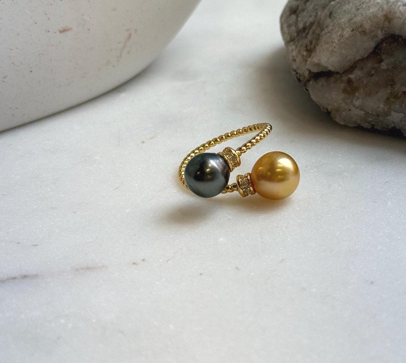 Elly’s Double South sea golden Tahitian ocean pearls Ring: Extreme luster mirrored, 8.6-9.5mm , S925 silver adjustable minimalist Ring. high quality double ocean pearls sterling silver adjustable ring for her party