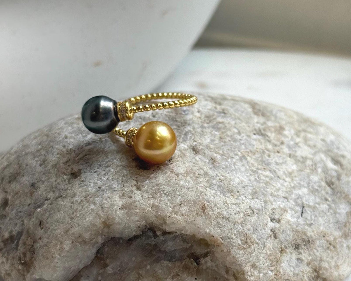 Elly’s Double South sea golden Tahitian ocean pearls Ring: Extreme luster mirrored, 8.6-9.5mm , S925 silver adjustable minimalist Ring. high quality double ocean pearls sterling silver adjustable ring for her retirement