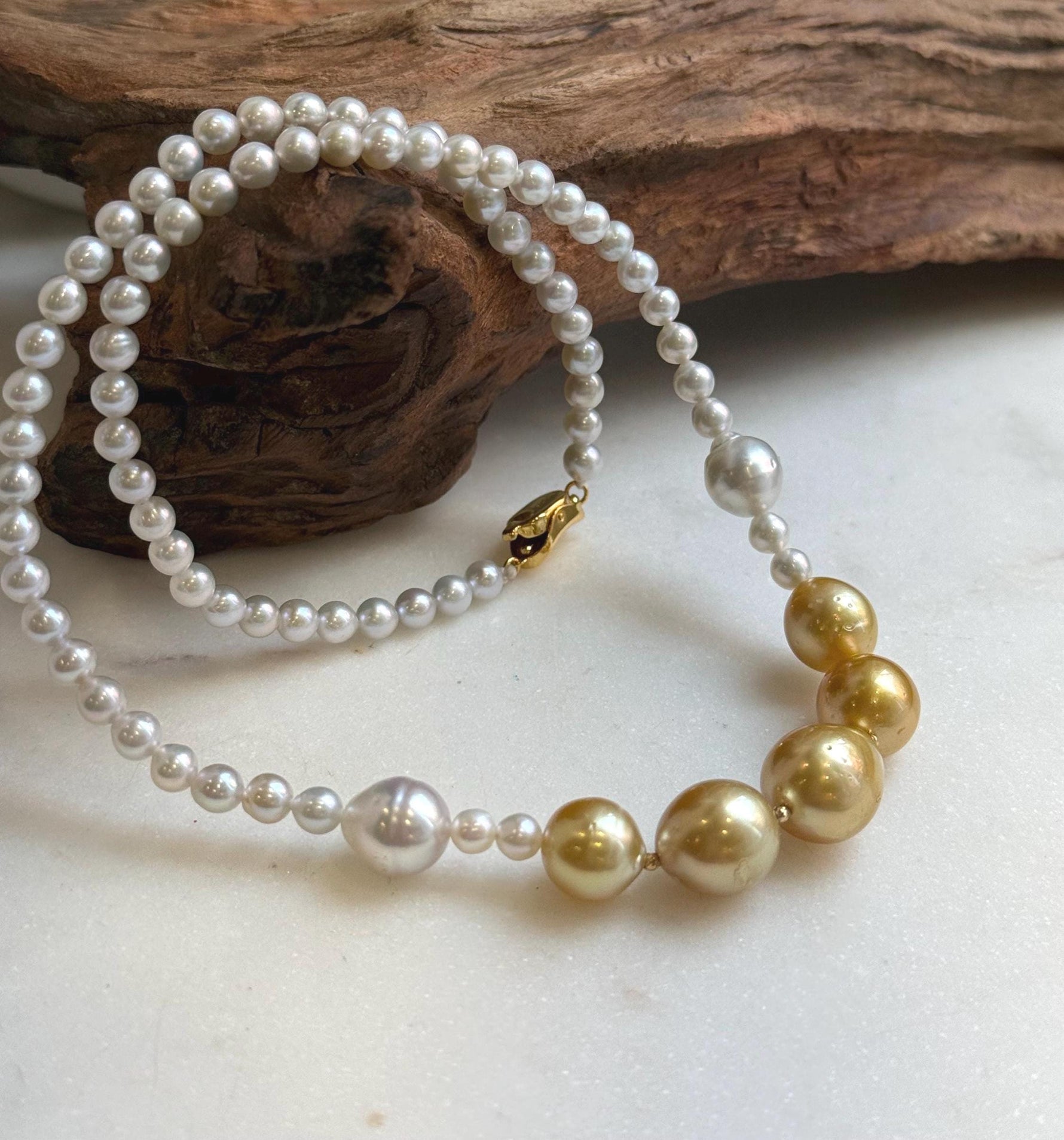 Elly’s 7pcs 9-11.8mm Genius South sea Golden Australian Ocean Freshwater Pearls Necklace: Extreme luster, 18.3”, S925 silver necklace