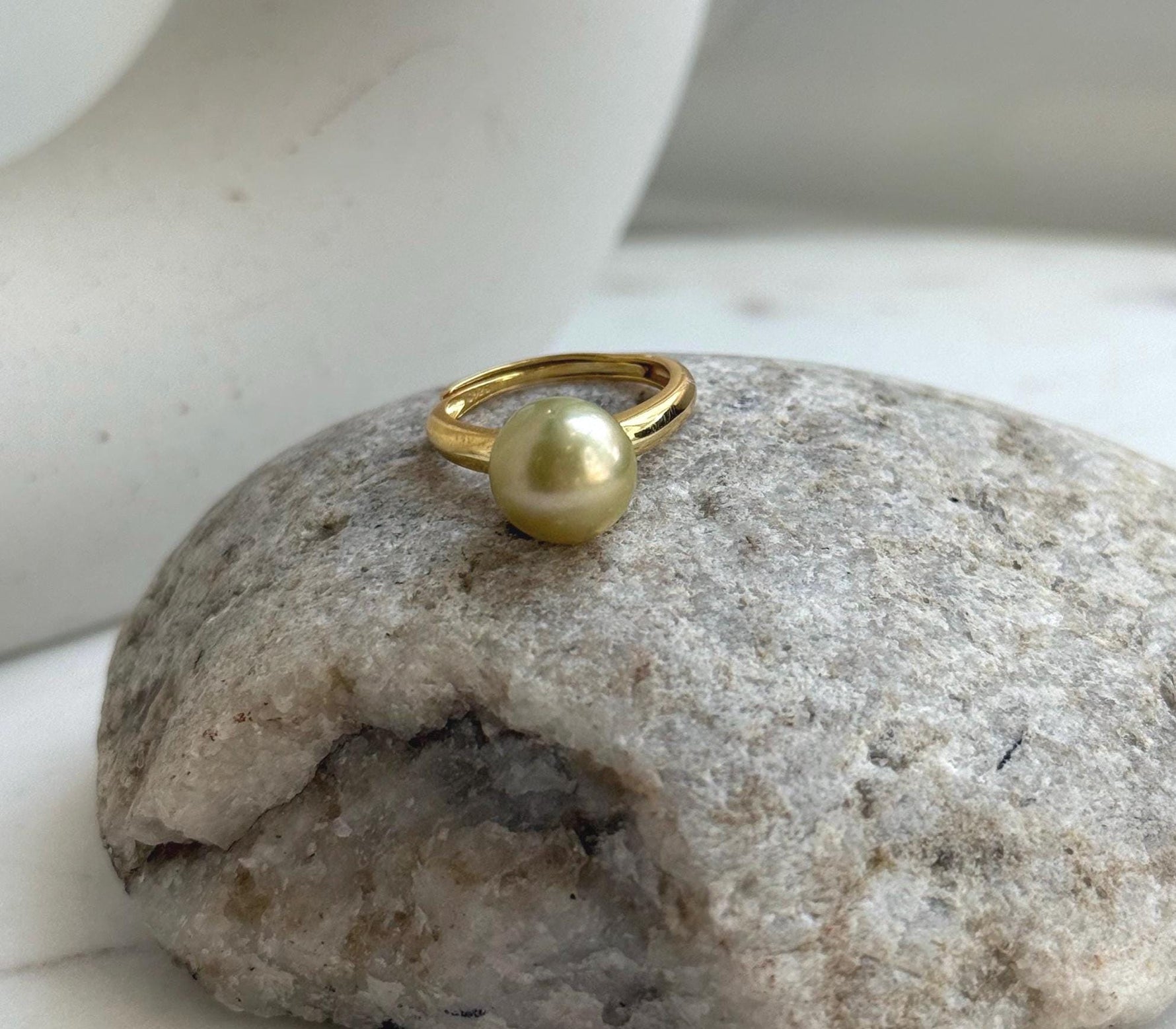 Elly’s 10mm South sea deep tea gold ocean pearl Ring: Extreme luster, S925 silver with gold plated adjustable minimalist Ring. golden pearl ring gift for her