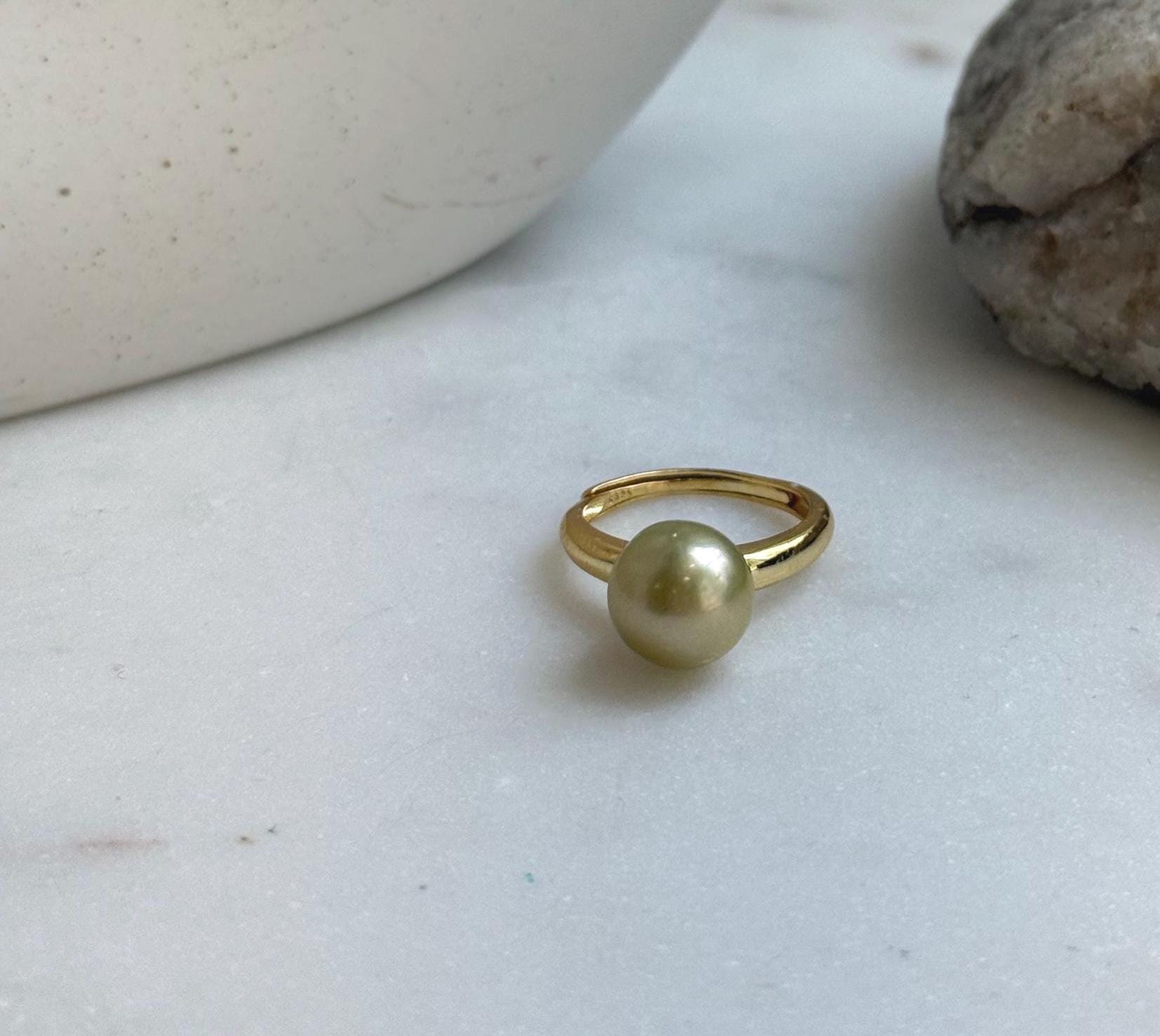 Elly’s 10mm South sea deep tea gold ocean pearl Ring: Extreme luster, S925 silver with gold plated adjustable minimalist Ring. golden pearl ring gift for her