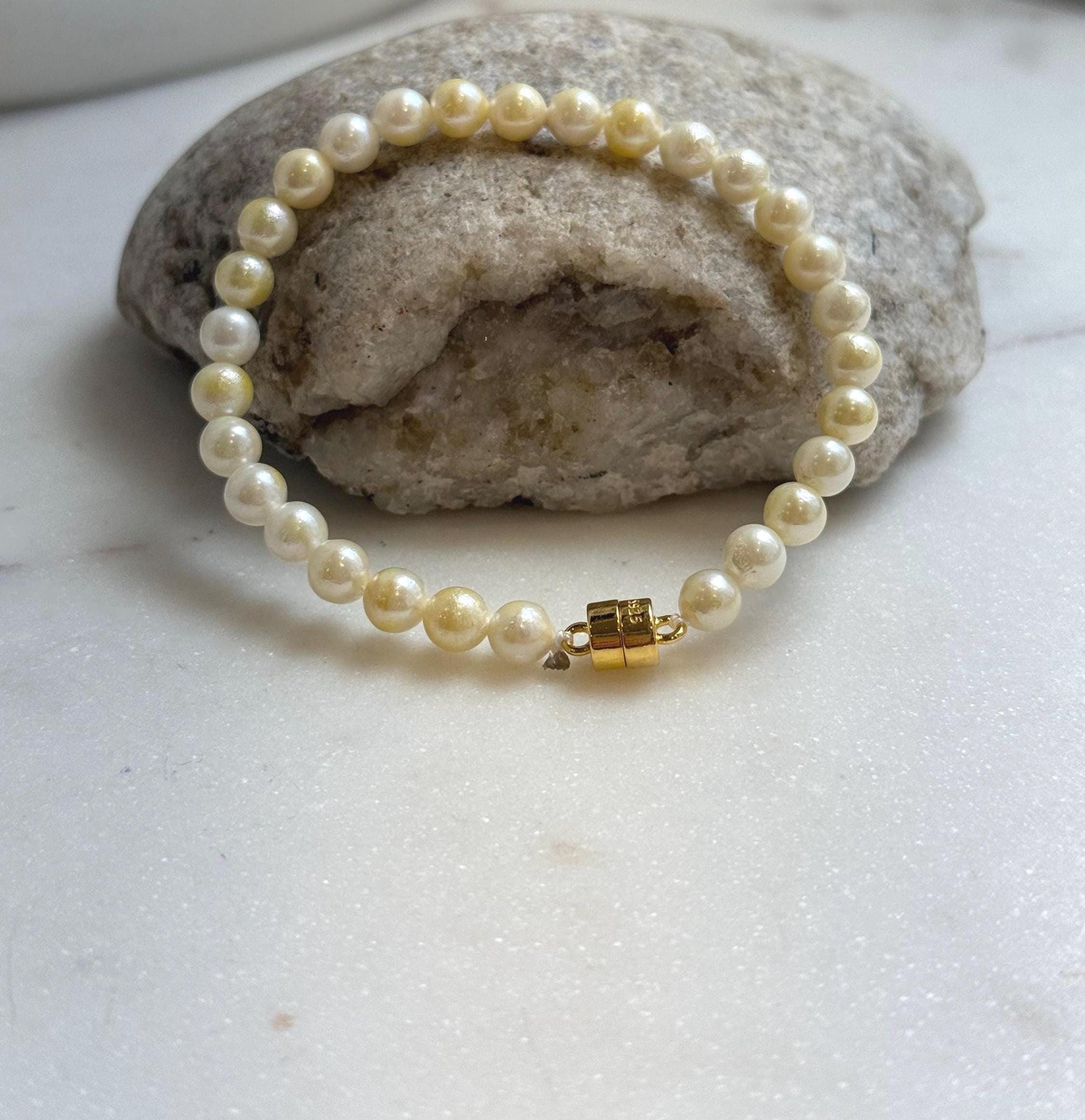 Elly’s 5.5-6mm Genius Akoya golden ocean Pearls Bracelet: Extreme luster mirrored, 7.1”, S925 silver Bracelet. daily office golden ocean pearl bracelet for her