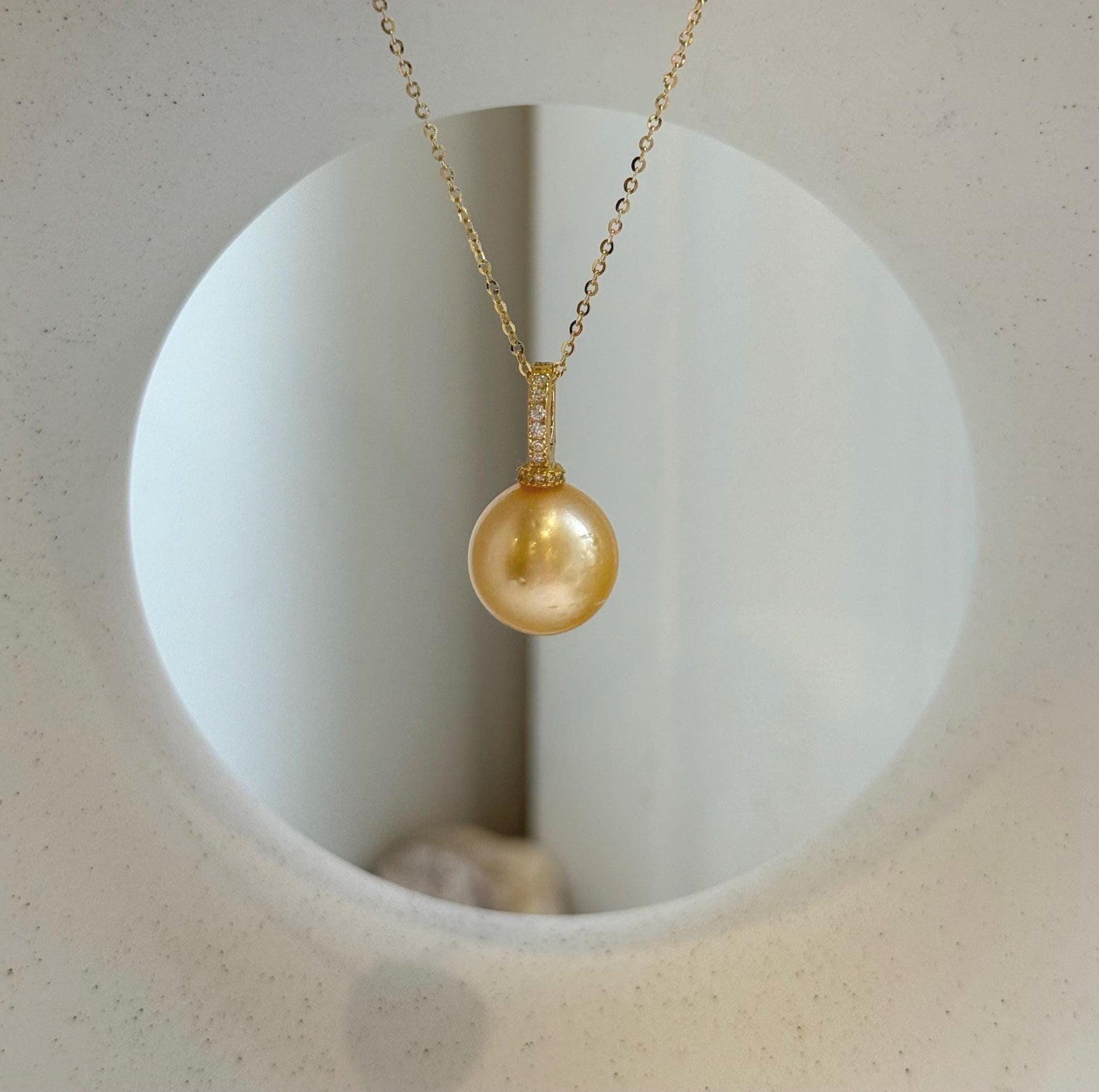 Elly’s 12.6mm Genius South sea deep gold ocean pearl Pendant: Extreme luster, 2.3cm high, s925 silver pendant.