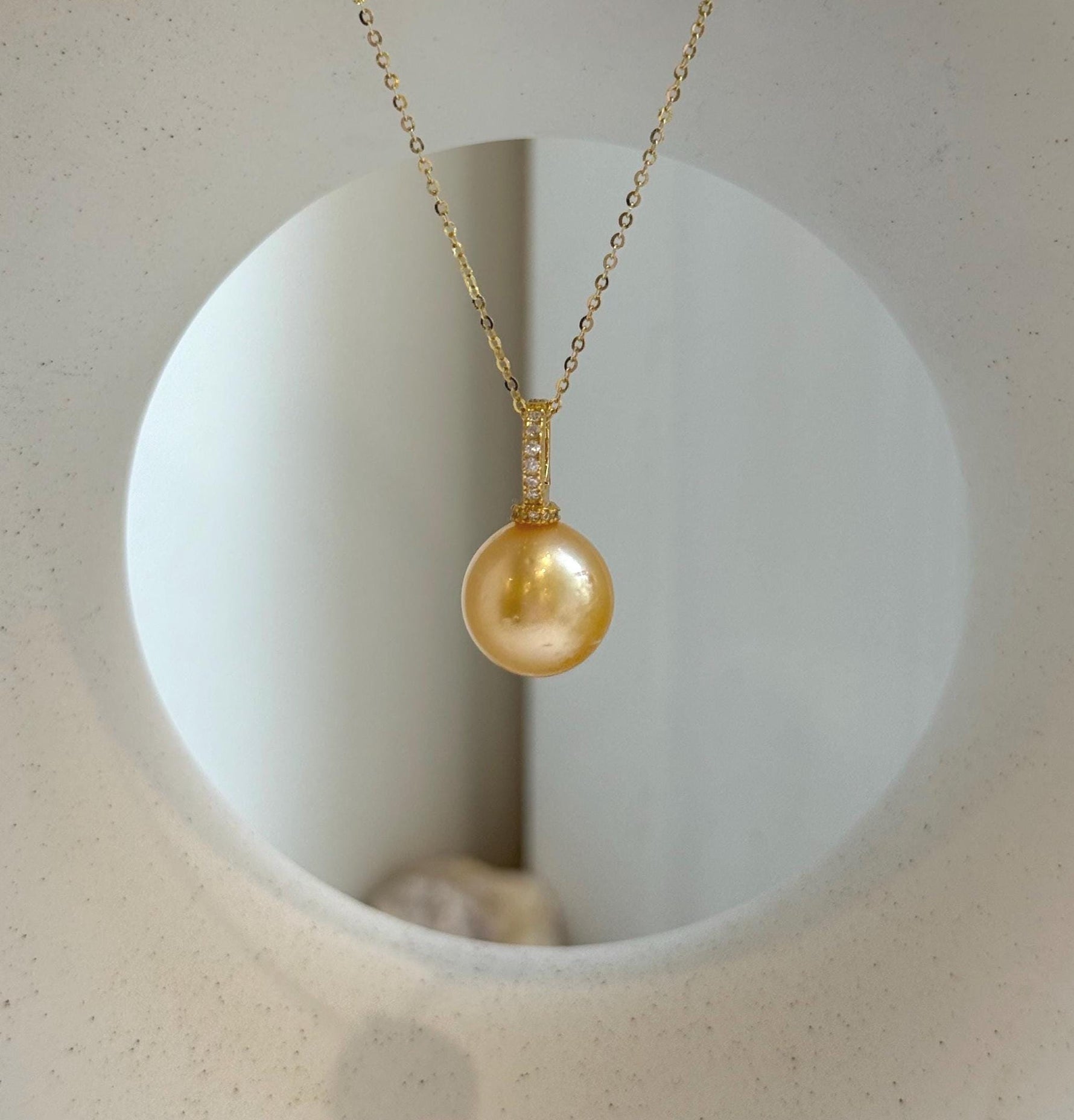 Elly’s 12.6mm Genius South sea deep gold ocean pearl Pendant: Extreme luster, 2.3cm high, s925 silver pendant.