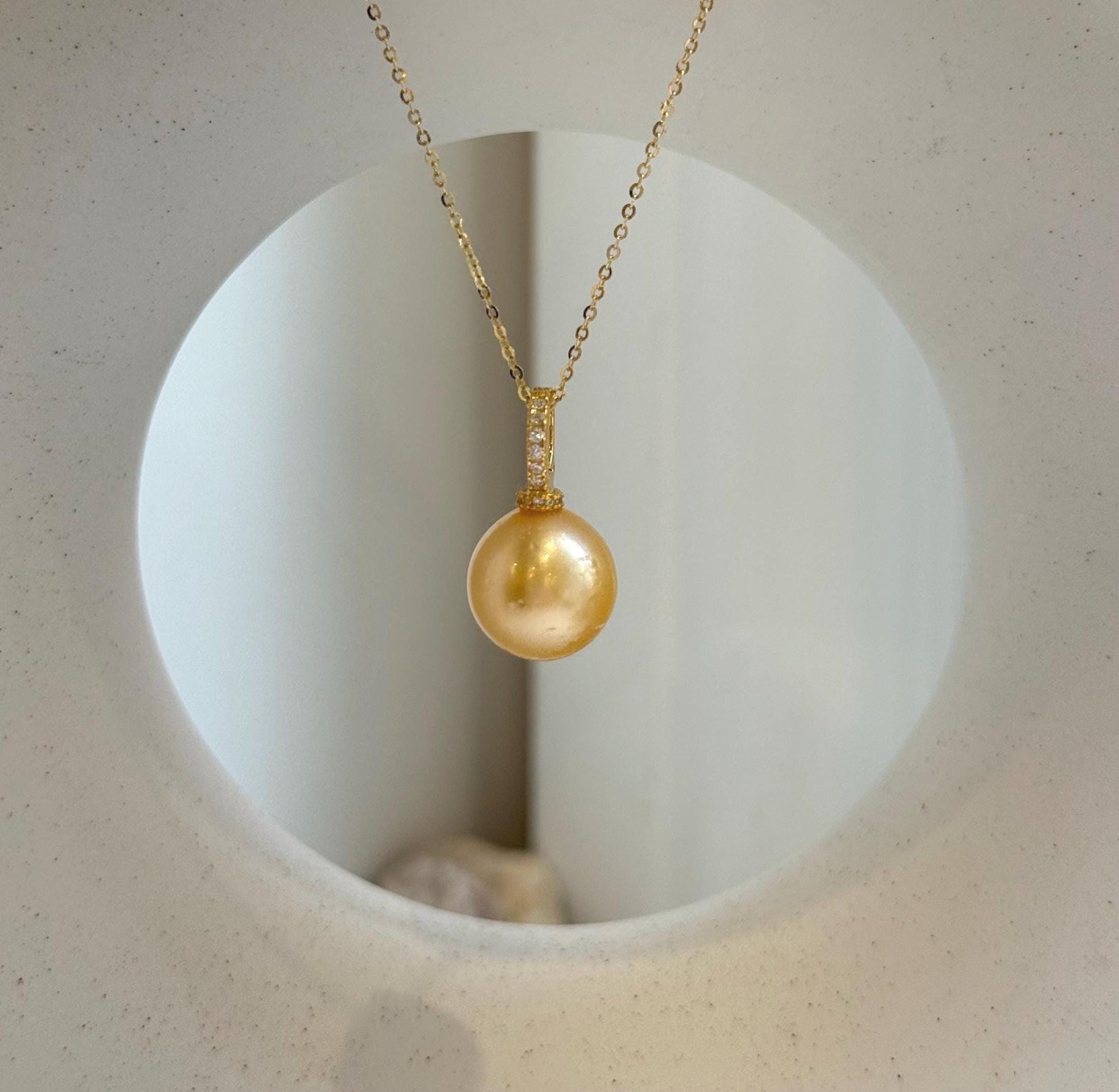 Elly’s 12.6mm Genius South sea deep gold ocean pearl Pendant: Extreme luster, 2.3cm high, s925 silver pendant.