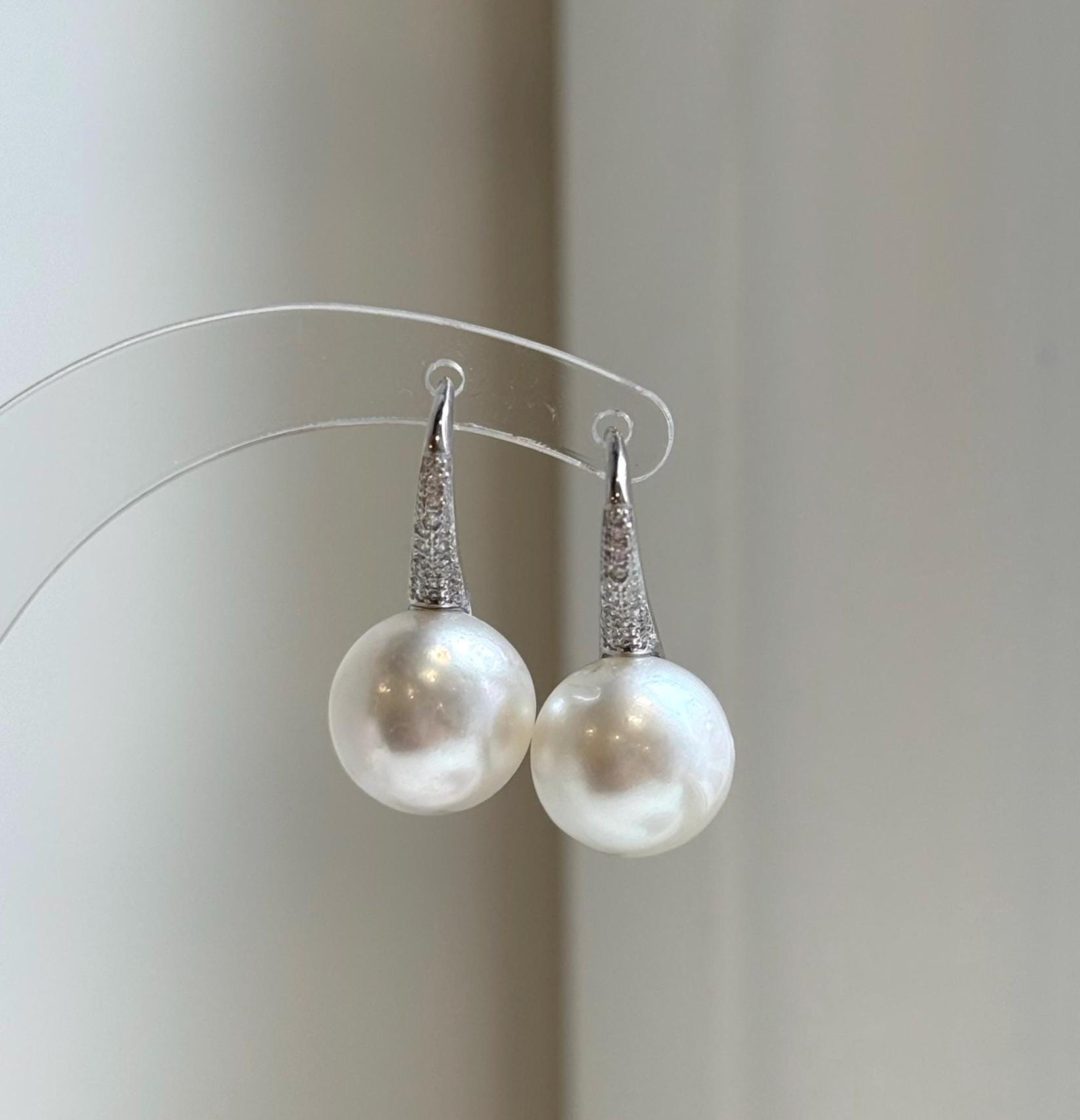 Elly’s 12.4mm Australian white ocean Pearls minimalist earrings hooks: Extreme luster, 2.5cm high, s925 silver earrings Studs. daily office white ocean pearls earrings hooks for her
