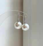 Elly’s 12.4mm Australian white ocean Pearls minimalist earrings hooks: Extreme luster, 2.5cm high, s925 silver earrings Studs. daily office white ocean pearls earrings hooks for her