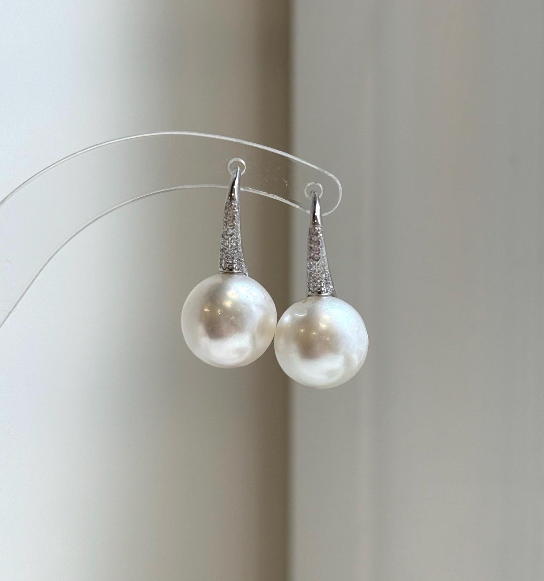 Elly’s 12.4mm Australian white ocean Pearls minimalist earrings hooks: Extreme luster, 2.5cm high, s925 silver earrings Studs. daily office white ocean pearls earrings hooks for her