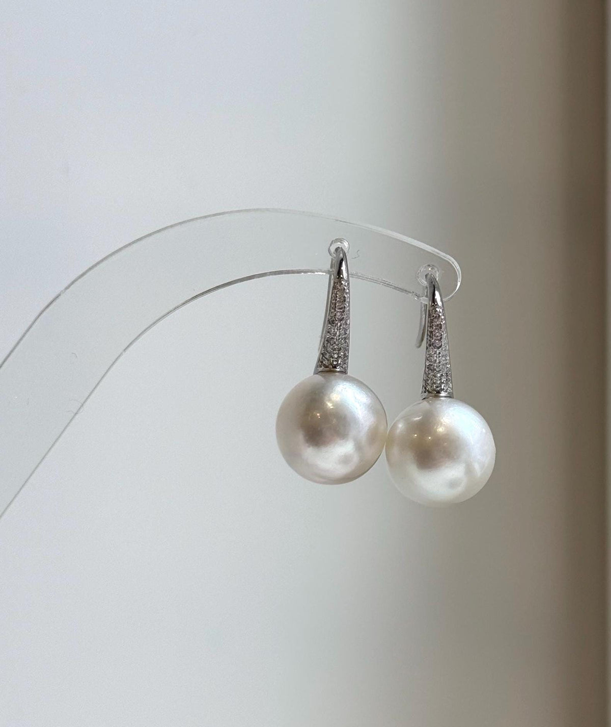 Elly’s 12.4mm Australian white ocean Pearls minimalist earrings hooks: Extreme luster, 2.5cm high, s925 silver earrings Studs. daily office white ocean pearls earrings hooks for her