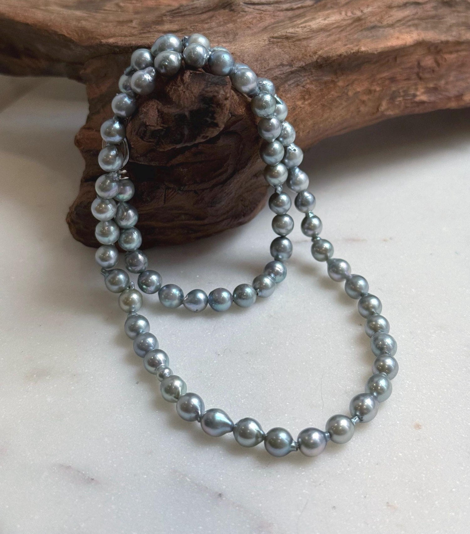 Elly’s 5.6-6mm Akoya Silver Blue ocean pearls necklace:Extreme luster mirrored, 17.6”, S925 silver necklace strand.