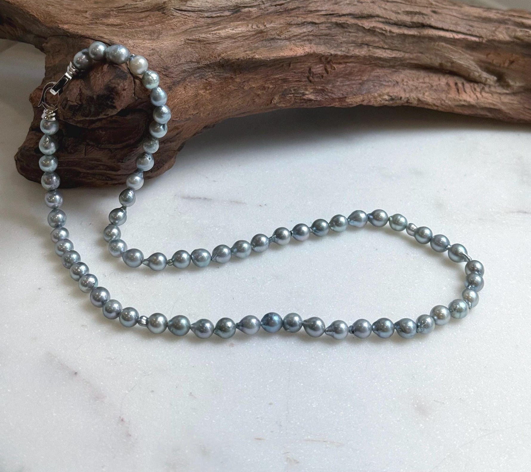 Elly’s 5.6-6mm Akoya Silver Blue ocean pearls necklace:Extreme luster mirrored, 17.6”, S925 silver necklace strand.
