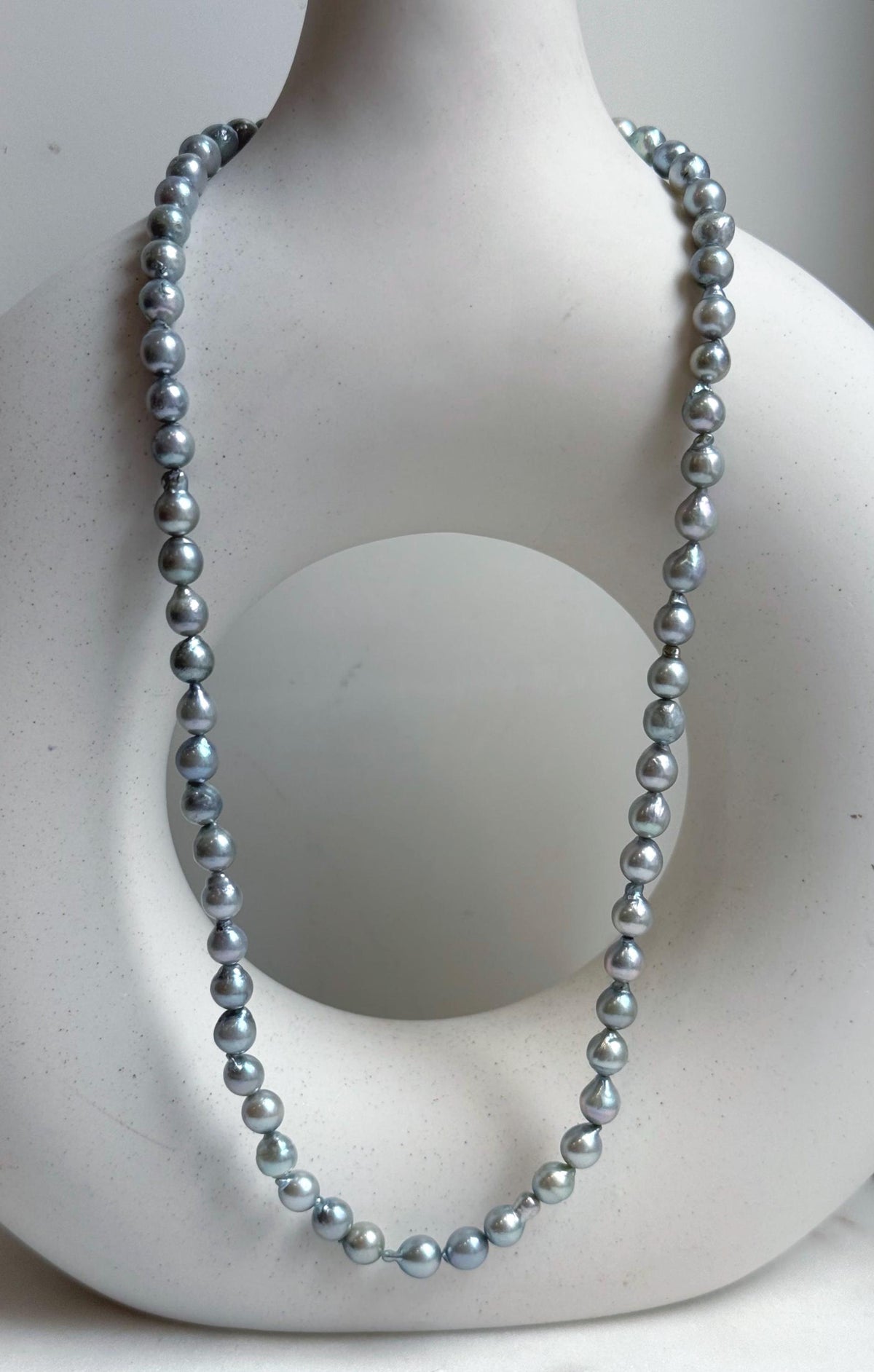 Elly’s 5.6-6mm Akoya Silver Blue ocean pearls necklace:Extreme luster mirrored, 17.6”, S925 silver necklace strand.