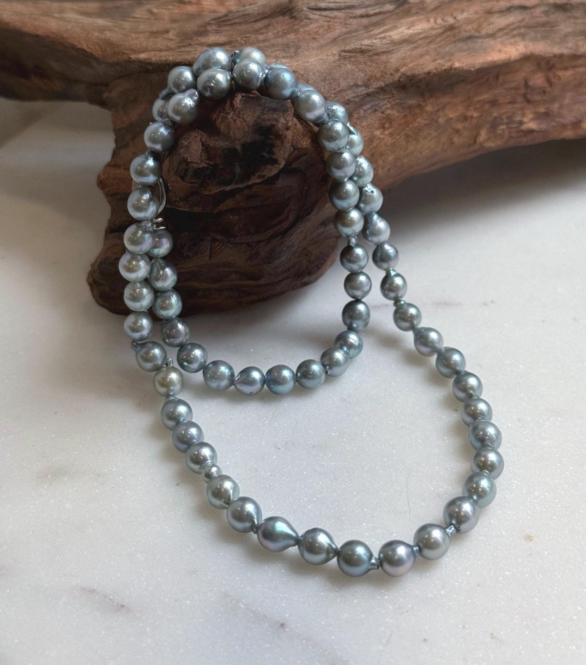 Elly’s 5.6-6mm Akoya Silver Blue ocean pearls necklace:Extreme luster mirrored, 17.6”, S925 silver necklace strand.
