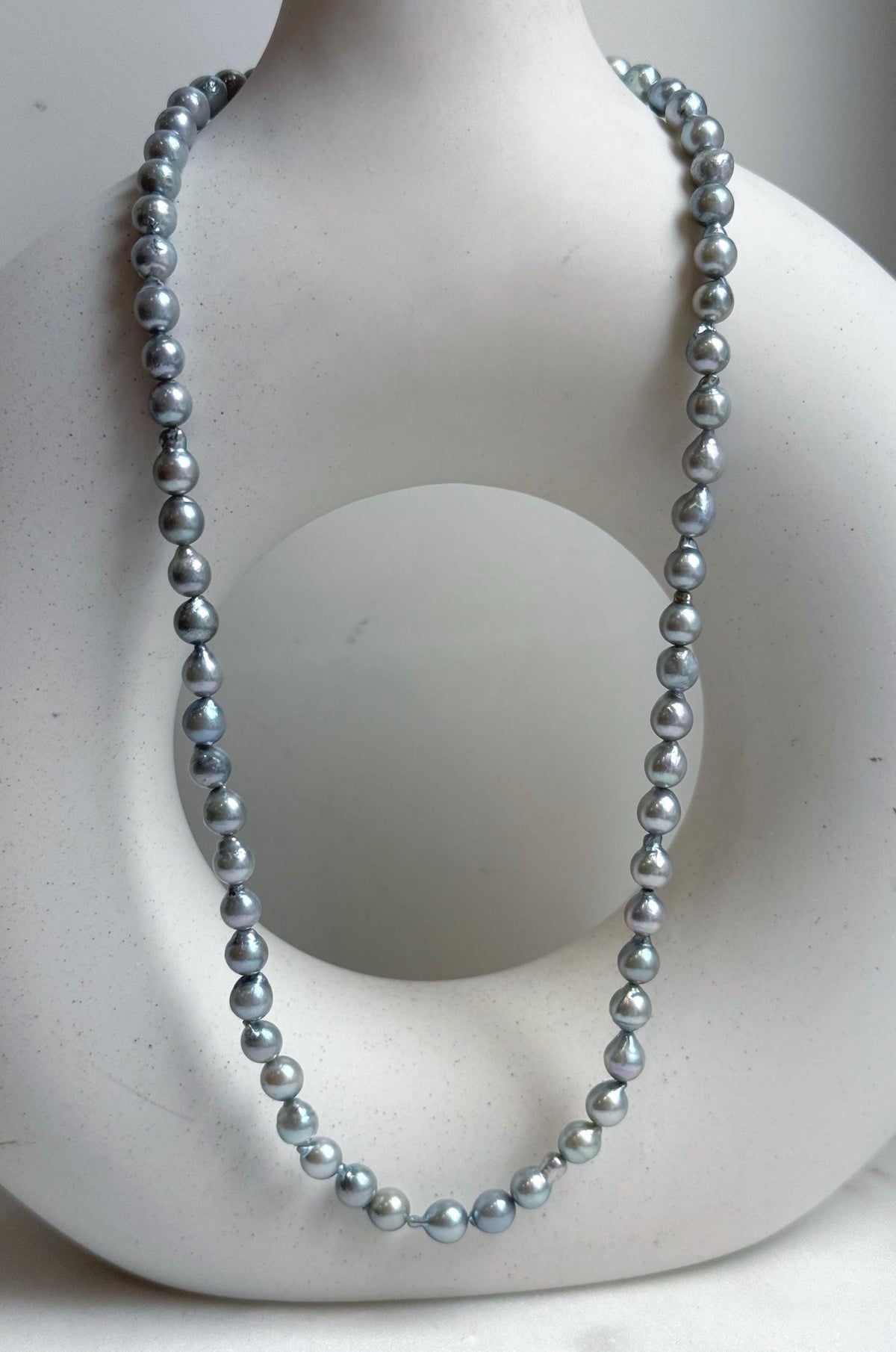 Elly’s 5.6-6mm Akoya Silver Blue ocean pearls necklace:Extreme luster mirrored, 17.6”, S925 silver necklace strand.