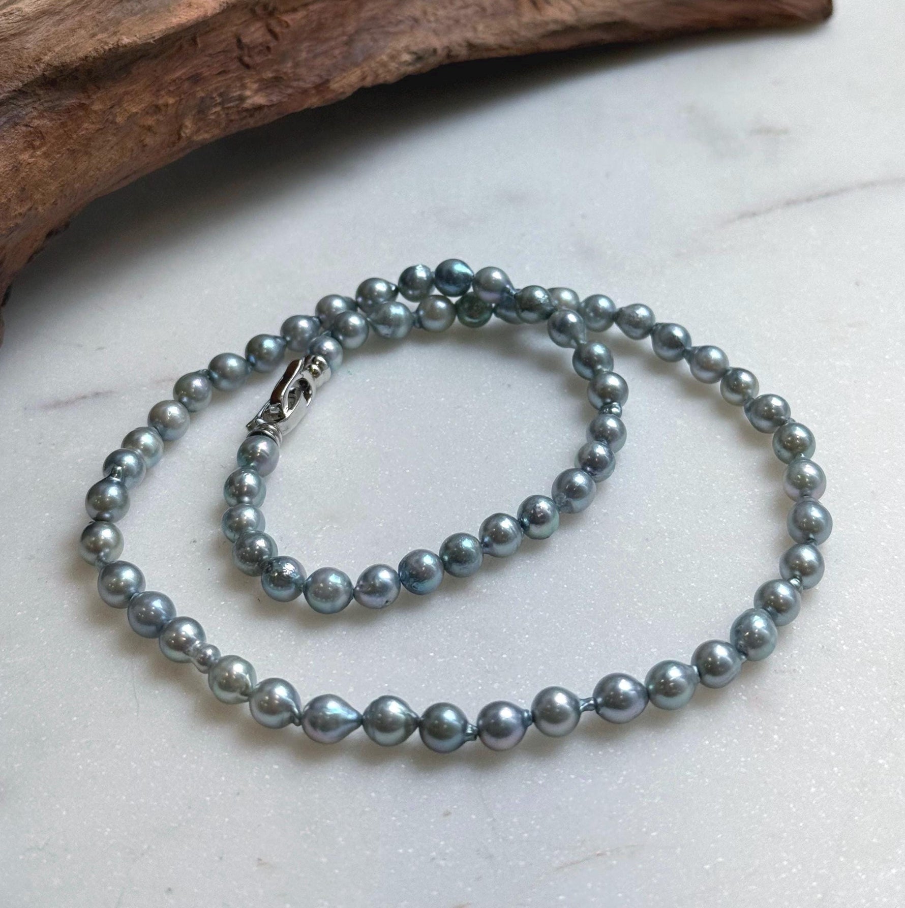 Elly’s 5.6-6mm Akoya Silver Blue ocean pearls necklace:Extreme luster mirrored, 17.6”, S925 silver necklace strand.