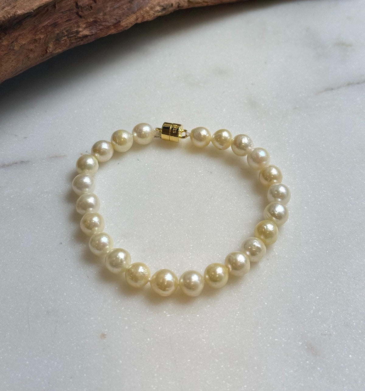 Elly’s 6.9-7.5mm Genius Akoya light golden ocean Pearls Bracelet: Extreme luster mirrored, S925 silver Bracelet. different sizes.