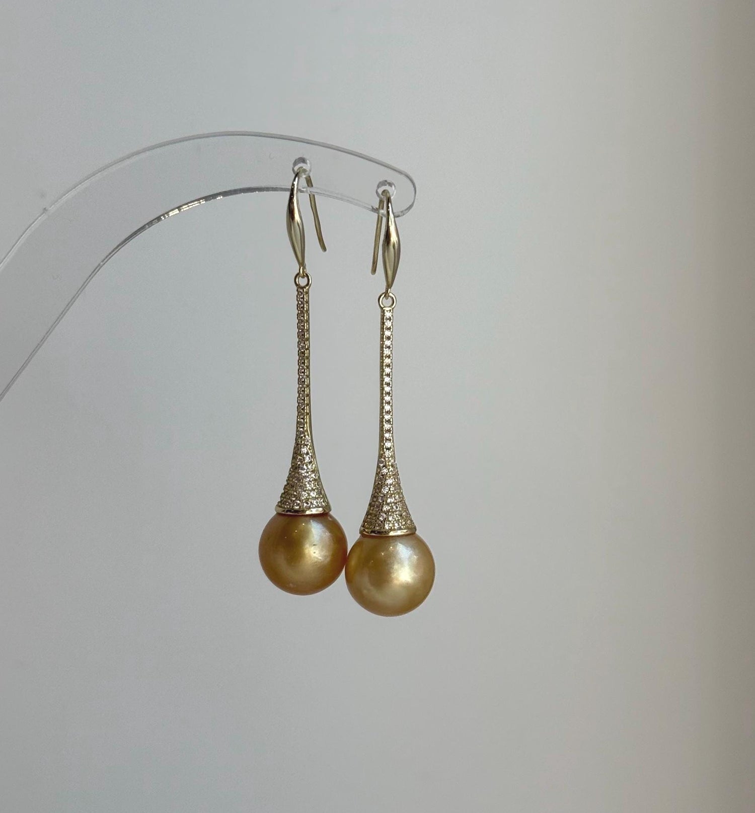 Elly’s 11mm Genius South sea deep golden ocean Pearls Earrings hooks: Extreme luster mirrored, 5.1cm high, S925 silver earrings.