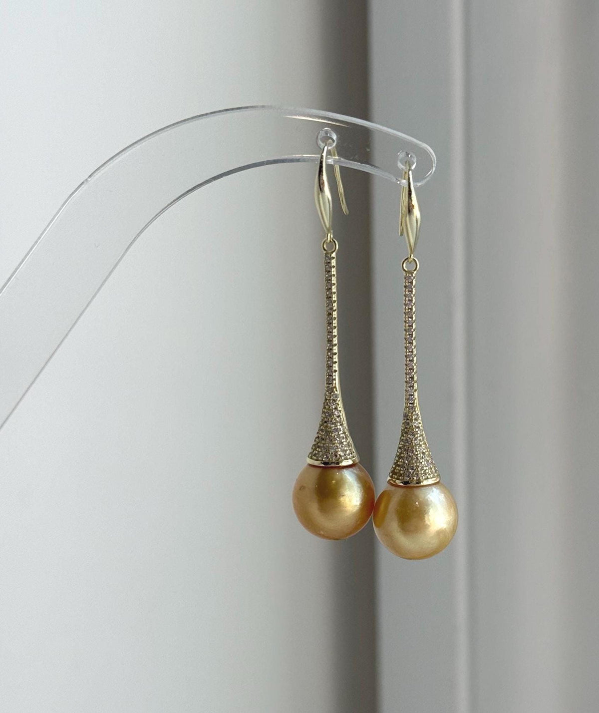 Elly’s 11mm Genius South sea deep golden ocean Pearls Earrings hooks: Extreme luster mirrored, 5.1cm high, S925 silver earrings.