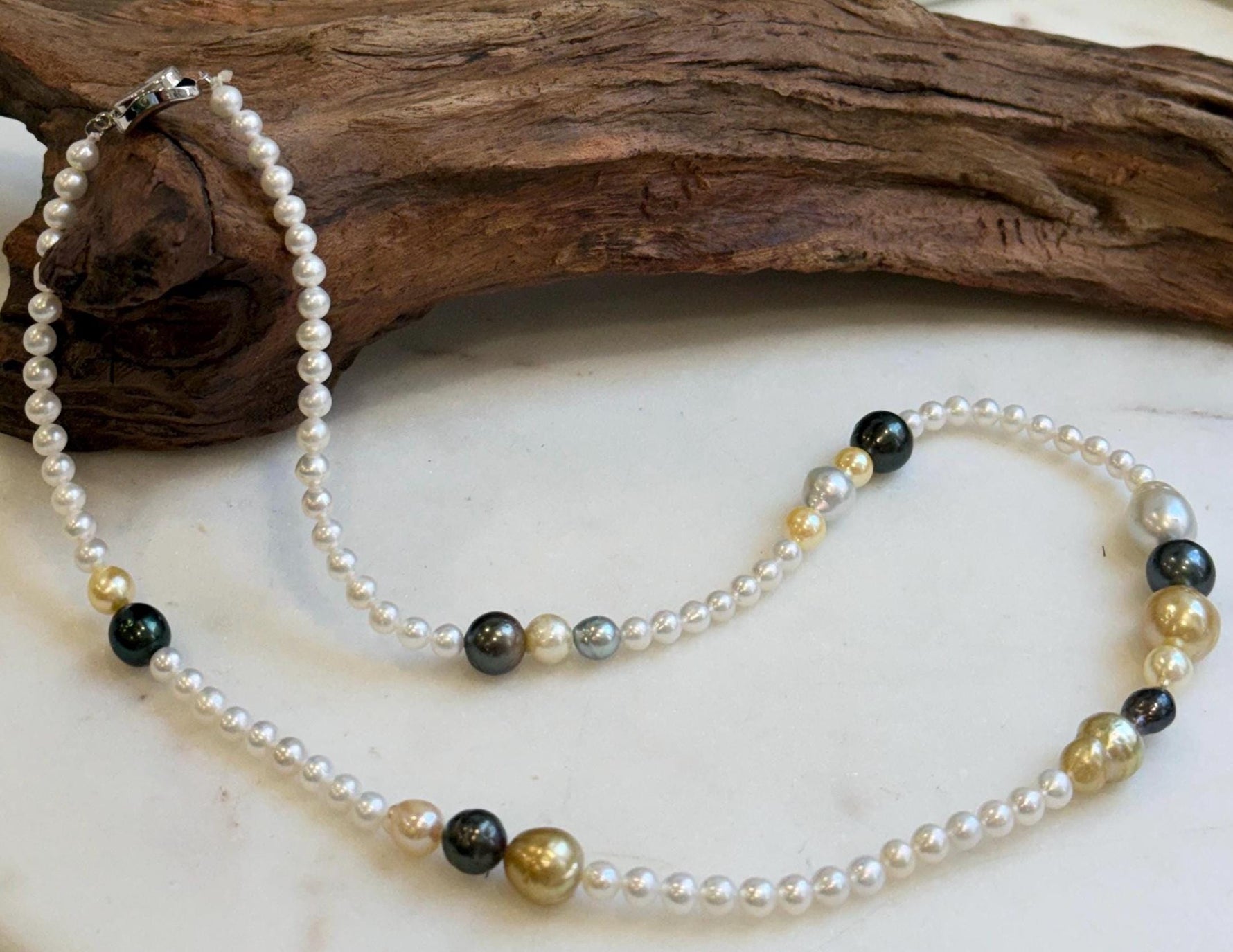 Elly’s Multicolor ocean white Freshwater pearls necklace:Extreme luster mirrored, 20.5”, S925 silver necklace strand.