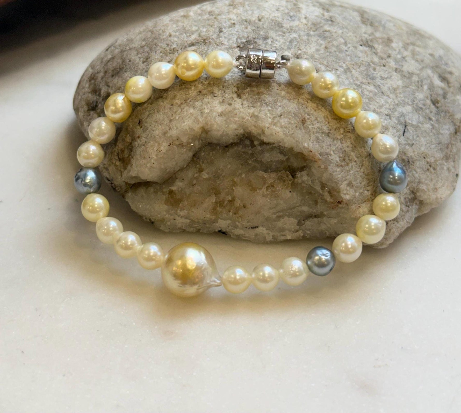 Elly’s Multicolor Ocean Pearls Bracelet: Extreme luster, South sea golden Akoya ocean Pearls, 5.6-11.1mm, S925 silver bracelet.