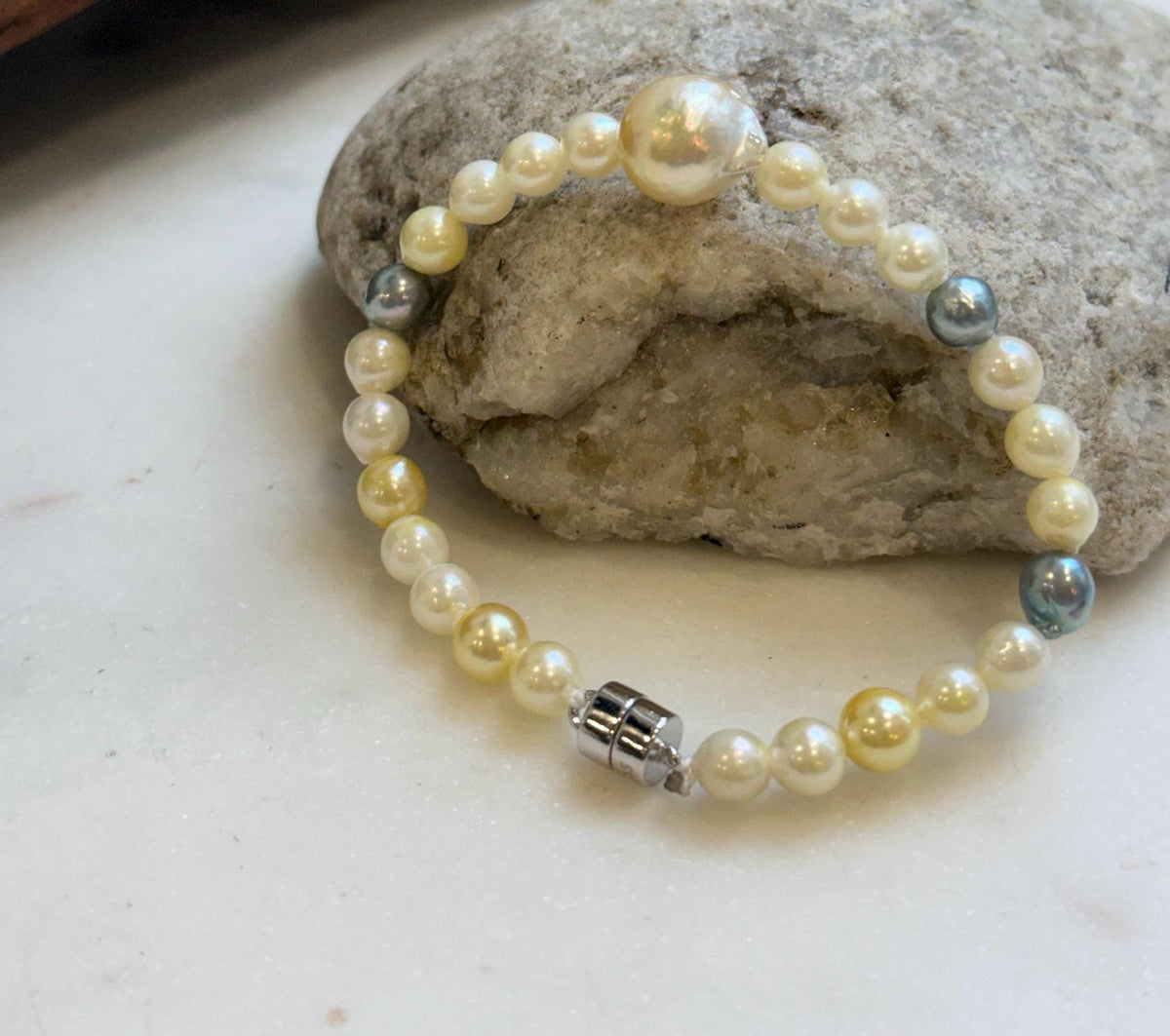 Elly’s Multicolor Ocean Pearls Bracelet: Extreme luster, South sea golden Akoya ocean Pearls, 5.6-11.1mm, S925 silver bracelet.